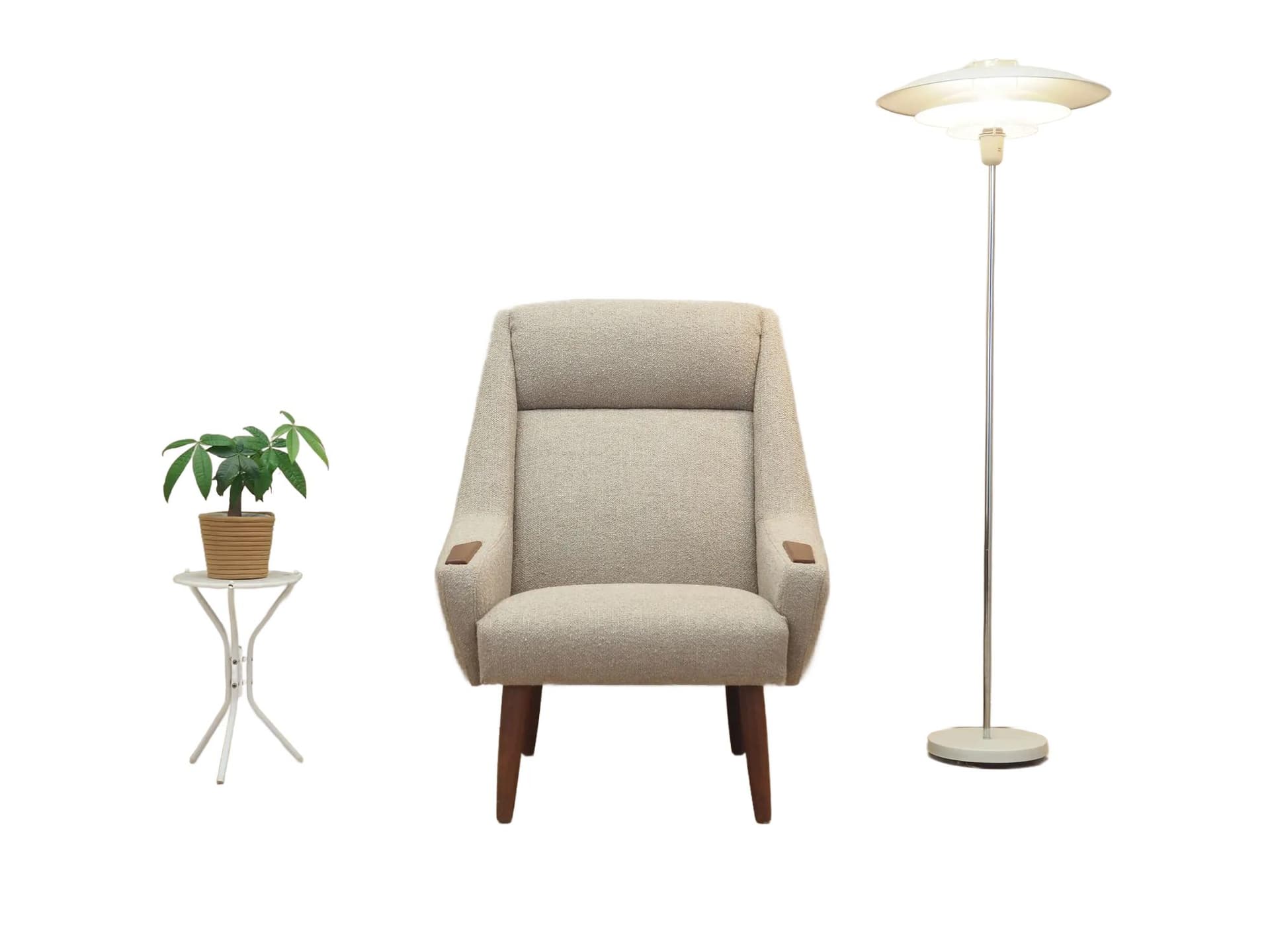 Armchair, beige boucle, teak, Denmark, 1960s - 31866