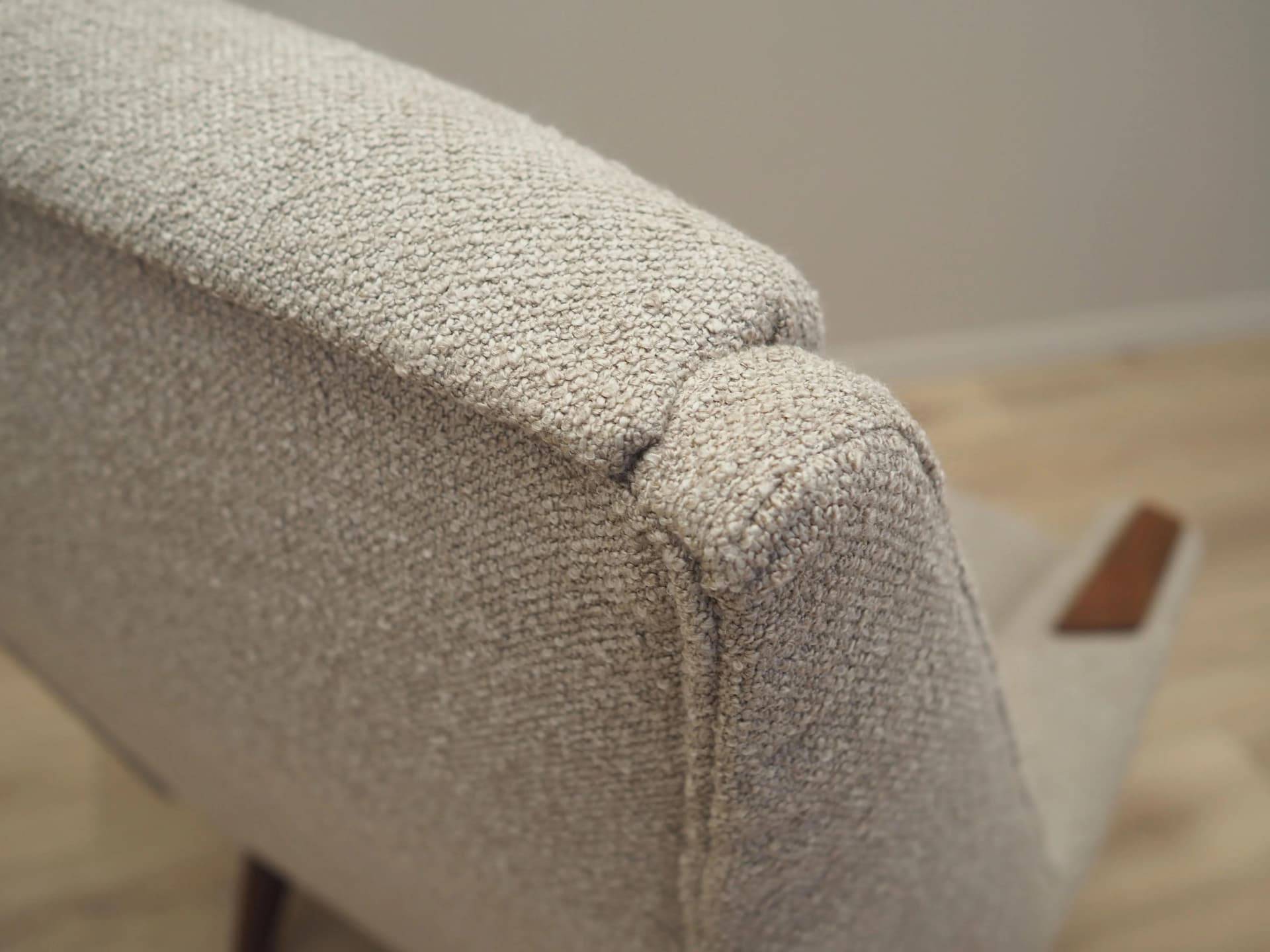 Armchair, beige boucle, teak, Denmark, 1960s - 31873