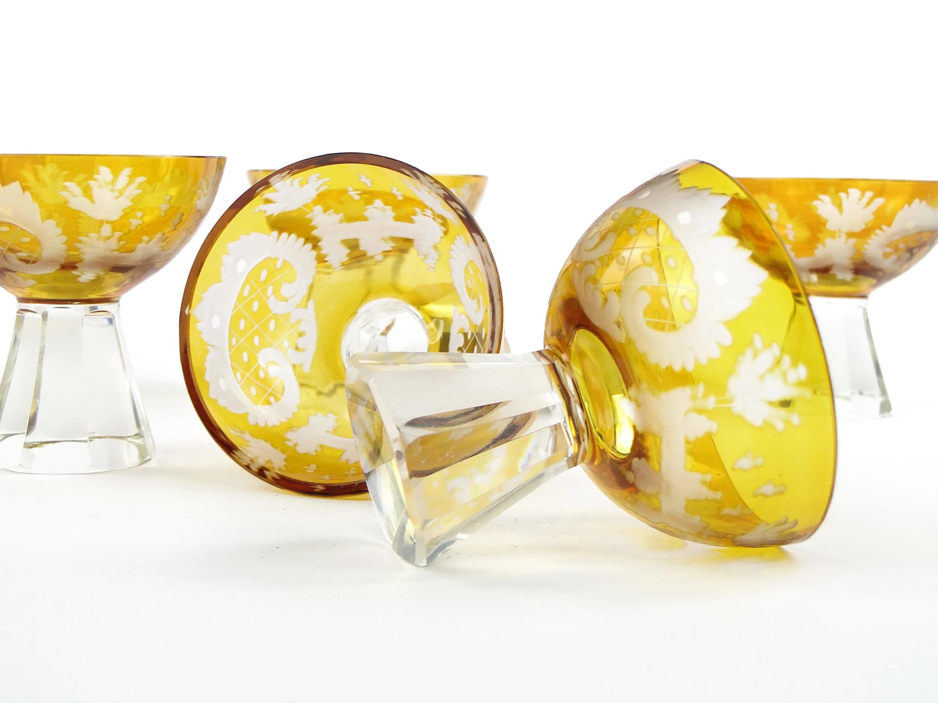 Set of Art Deco Glasses, yellow, crystal, Poland, 1930s - 31713
