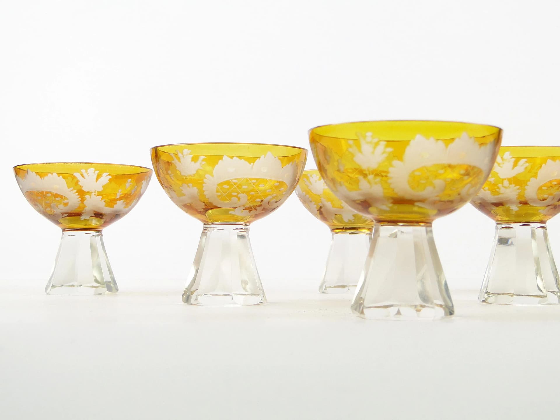Set of Art Deco Glasses, yellow, crystal, Poland, 1930s - 31716