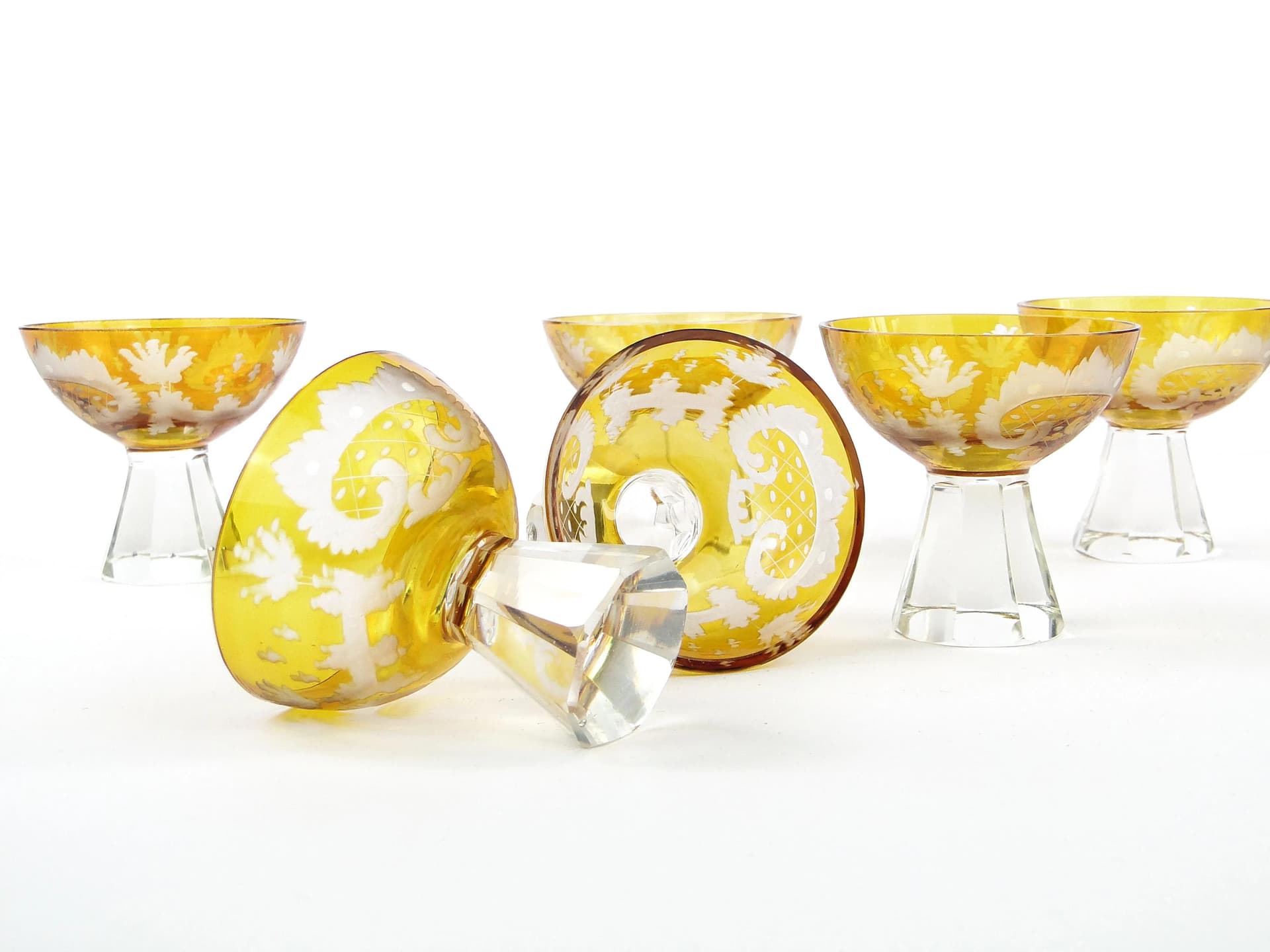 Set of Art Deco Glasses, yellow, crystal, Poland, 1930s - 31715