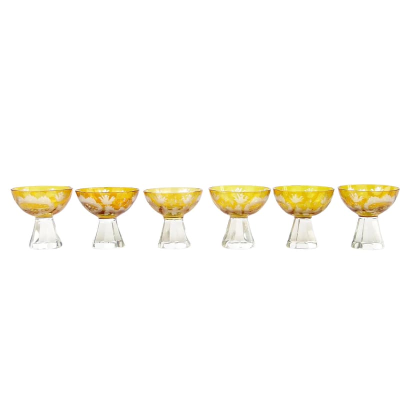 Set of Art Deco Glasses, yellow, crystal, Poland, 1930s