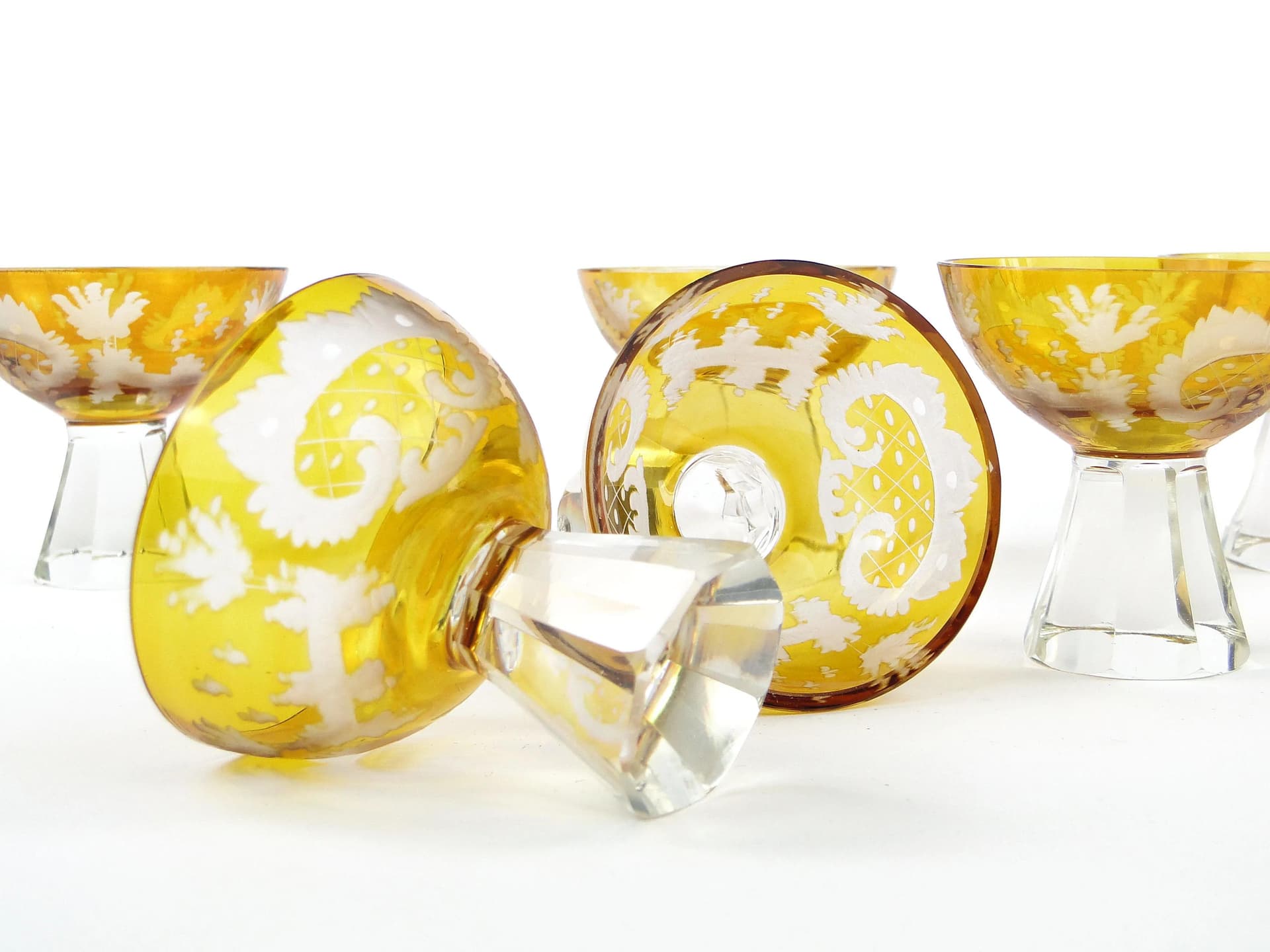 Set of Art Deco Glasses, yellow, crystal, Poland, 1930s - 31714