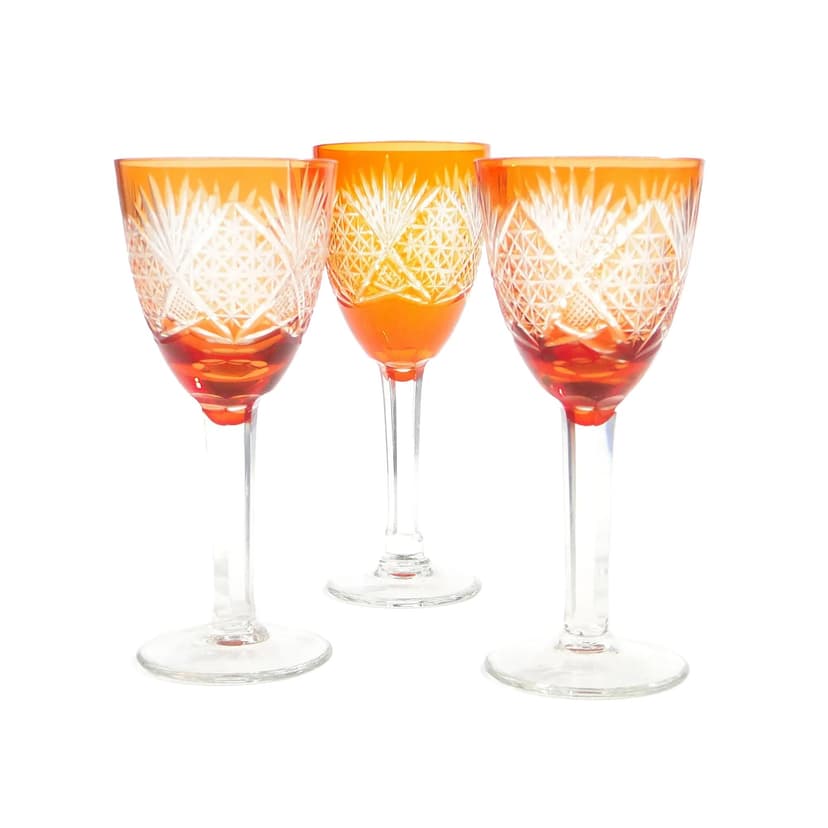 Set of goblets Art Deco, orange crystal, Poland, 1930s.
