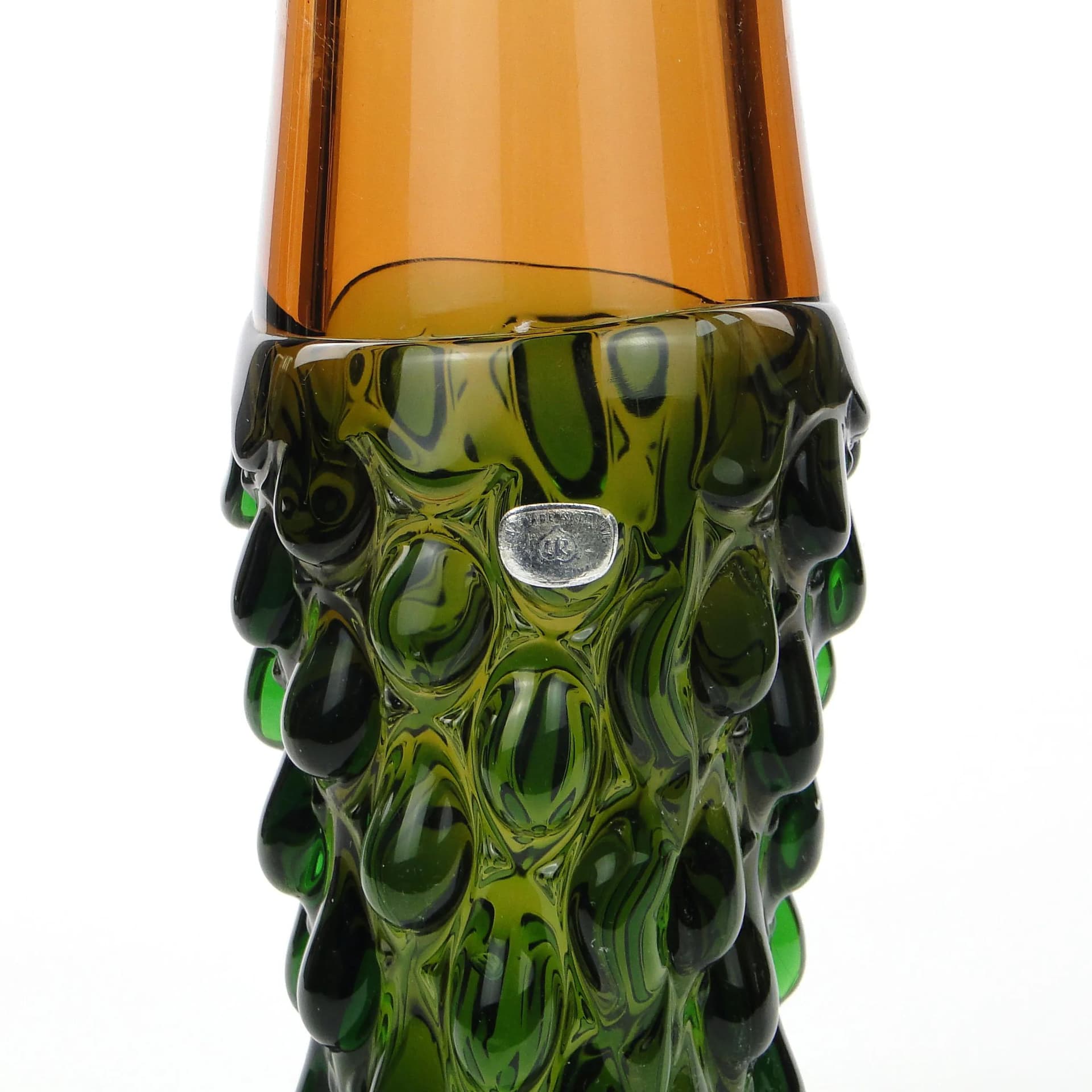 Wazon szyszka, szkło oliwkowe bursztynowe, proj. L. Paleček, Czechosłowacja, lata 60. - 31684