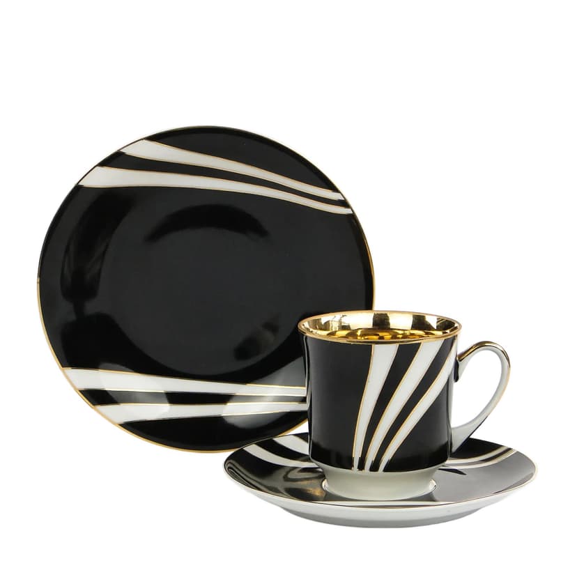 Breakfast set June, black white gold porcelain, by W. Potacki, Ćmielów, Poland, 1960s.