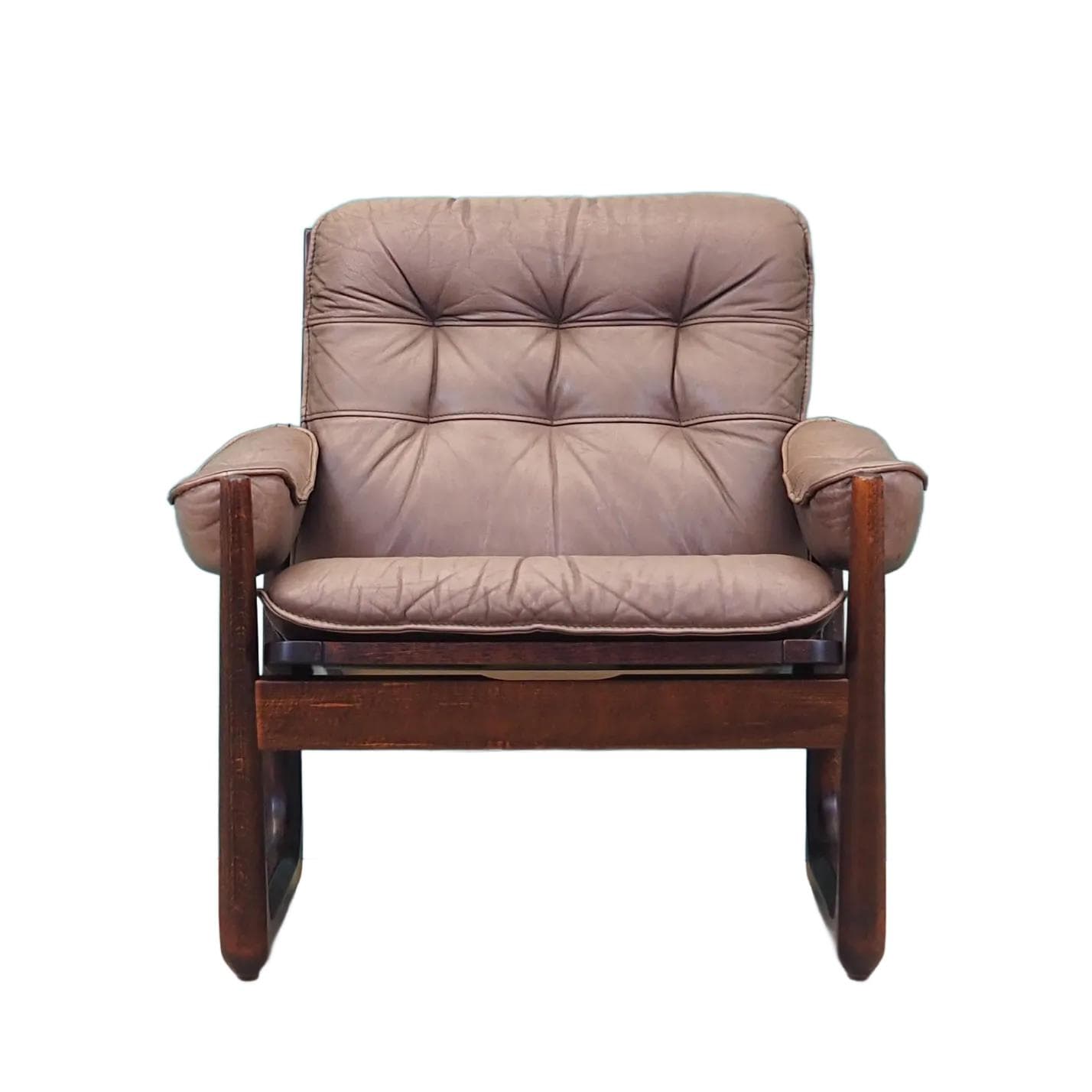 Armchair, brown leather, brown beech, Genega Møbler, Denmark, 1960s