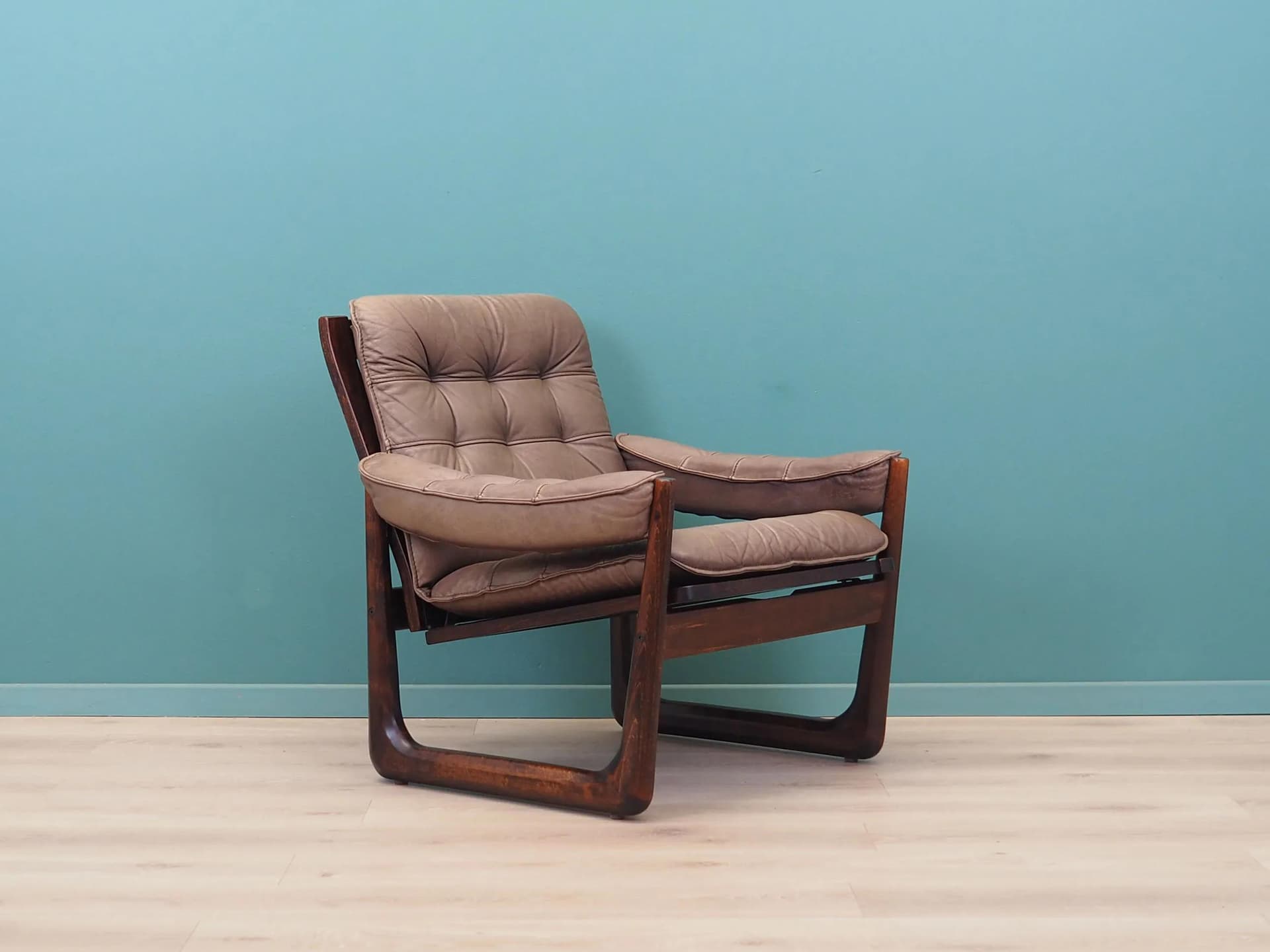 Armchair, brown leather, brown beech, Genega Møbler, Denmark, 1960s - 31769