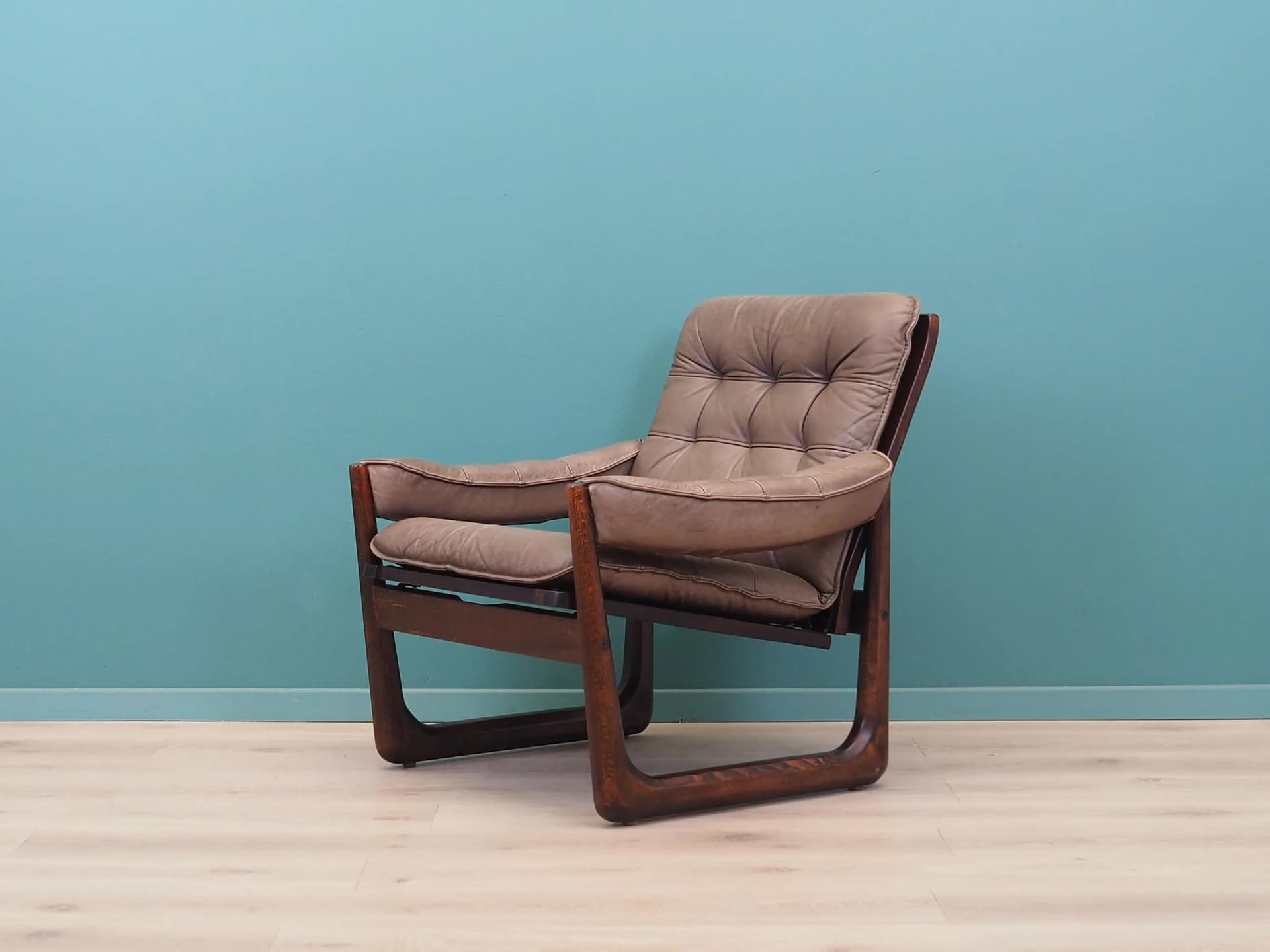 Armchair, brown leather, brown beech, Genega Møbler, Denmark, 1960s - 31766