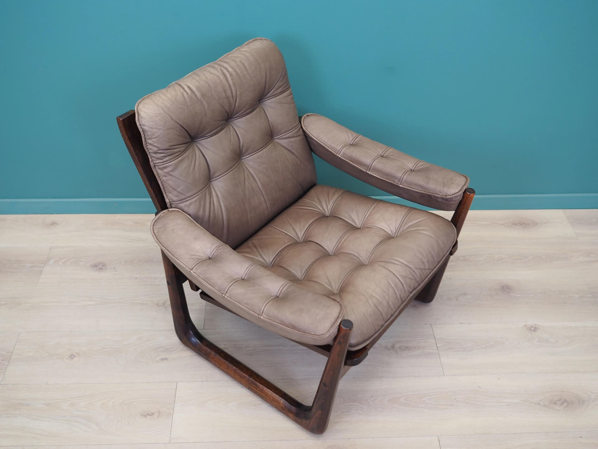Armchair, brown leather, brown beech, Genega Møbler, Denmark, 1960s - 31773