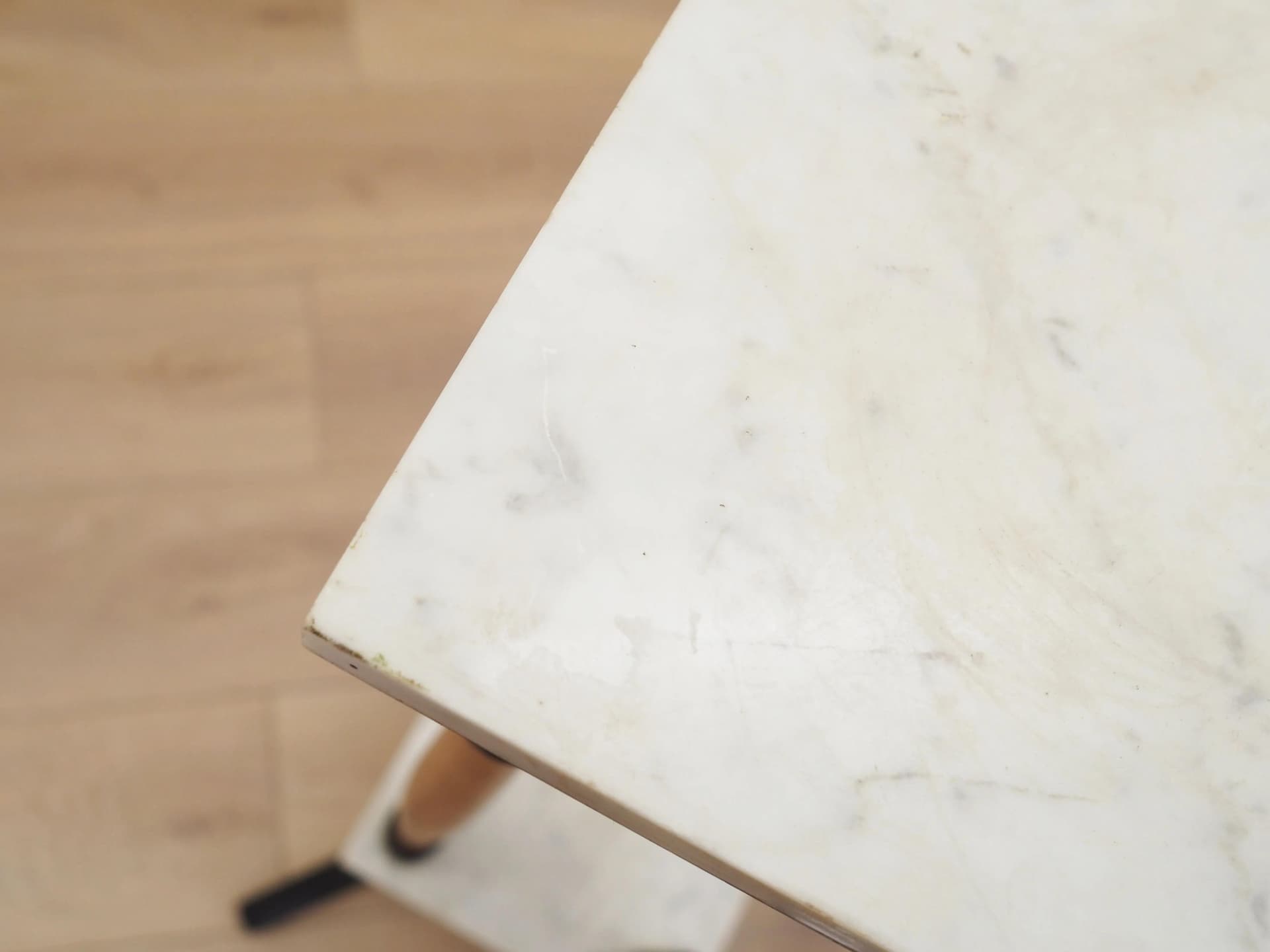 Plant stand, yellow beech, white marble, Denmark, 1970s. - 31760