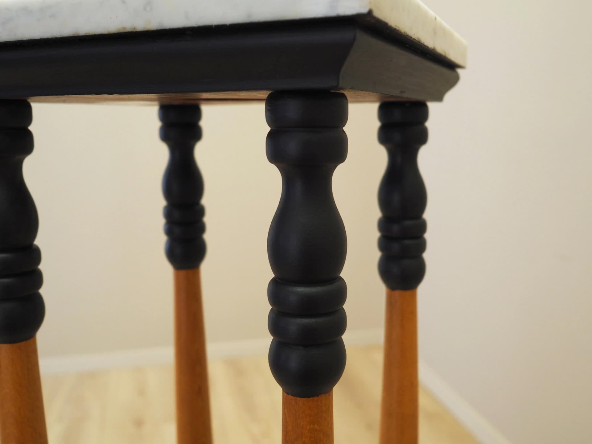 Plant stand, yellow beech, white marble, Denmark, 1970s. - 31764