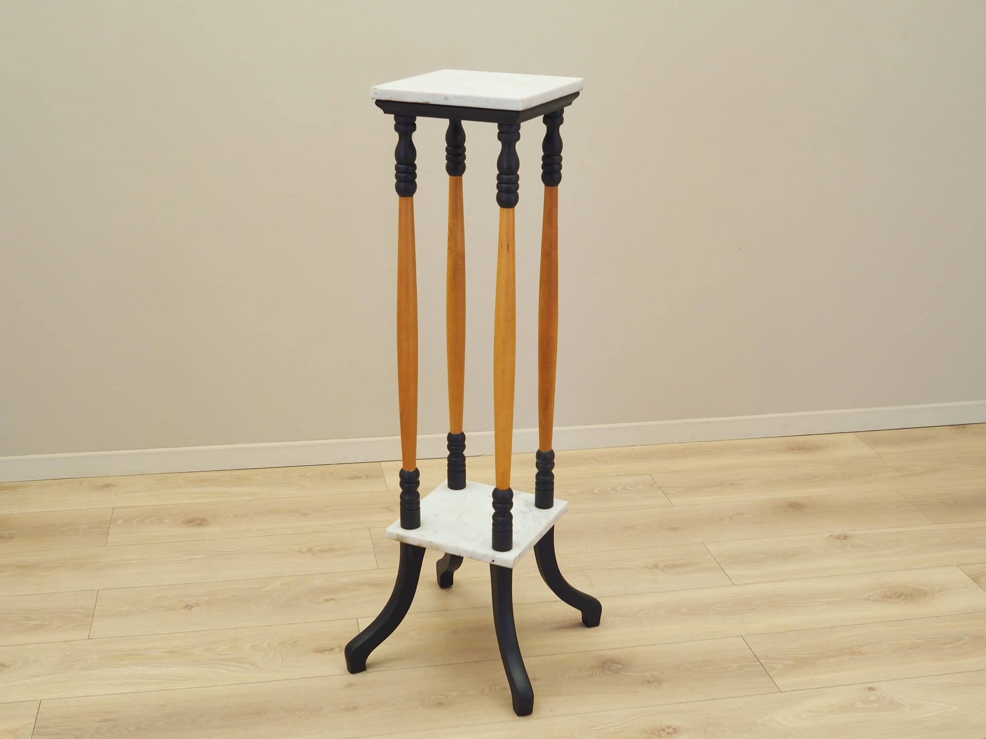 Plant stand, yellow beech, white marble, Denmark, 1970s. - 64218