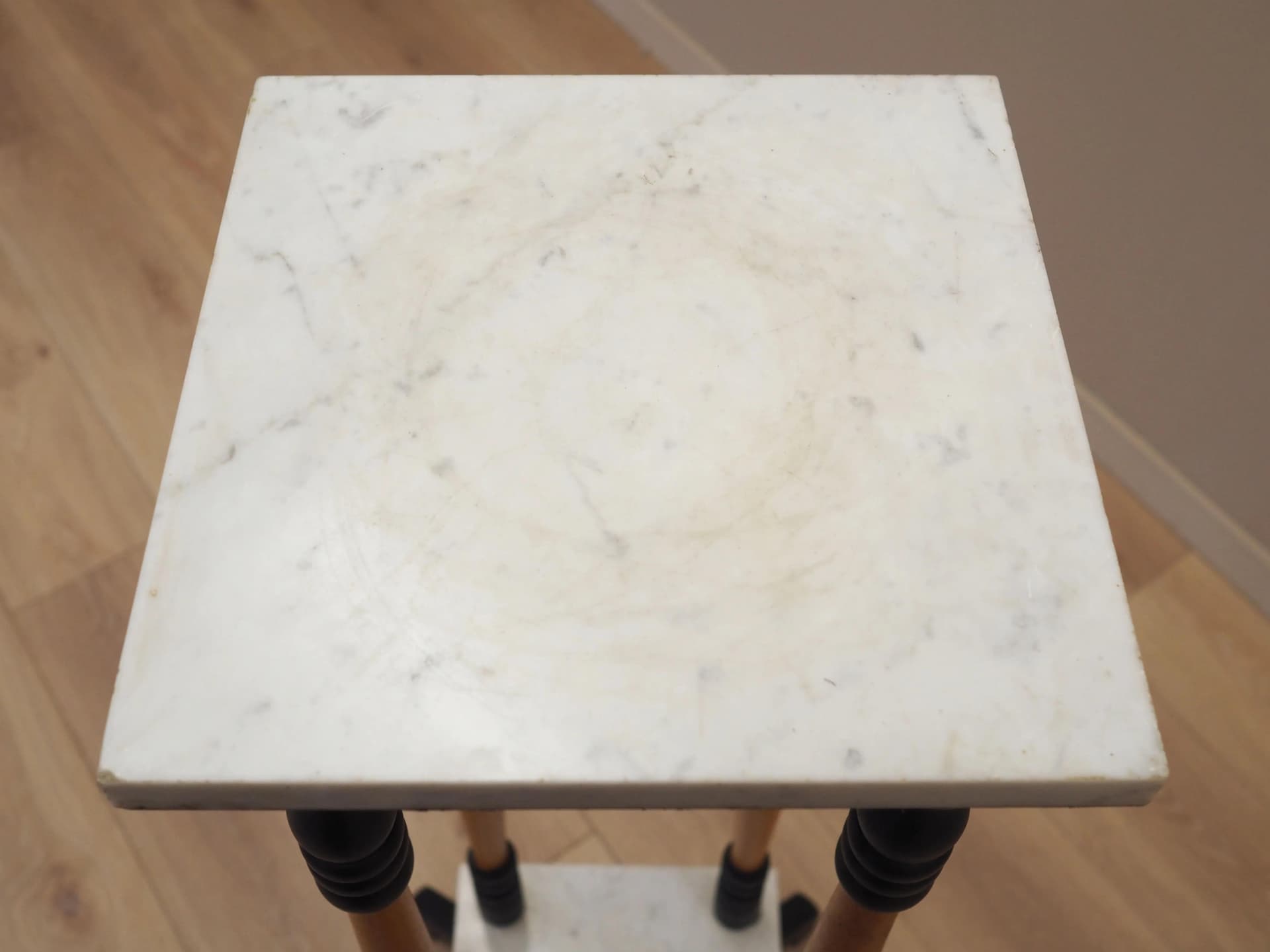 Plant stand, yellow beech, white marble, Denmark, 1970s. - 31761