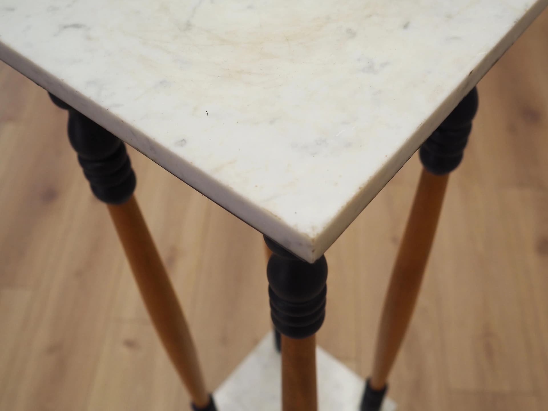Plant stand, yellow beech, white marble, Denmark, 1970s. - 31762
