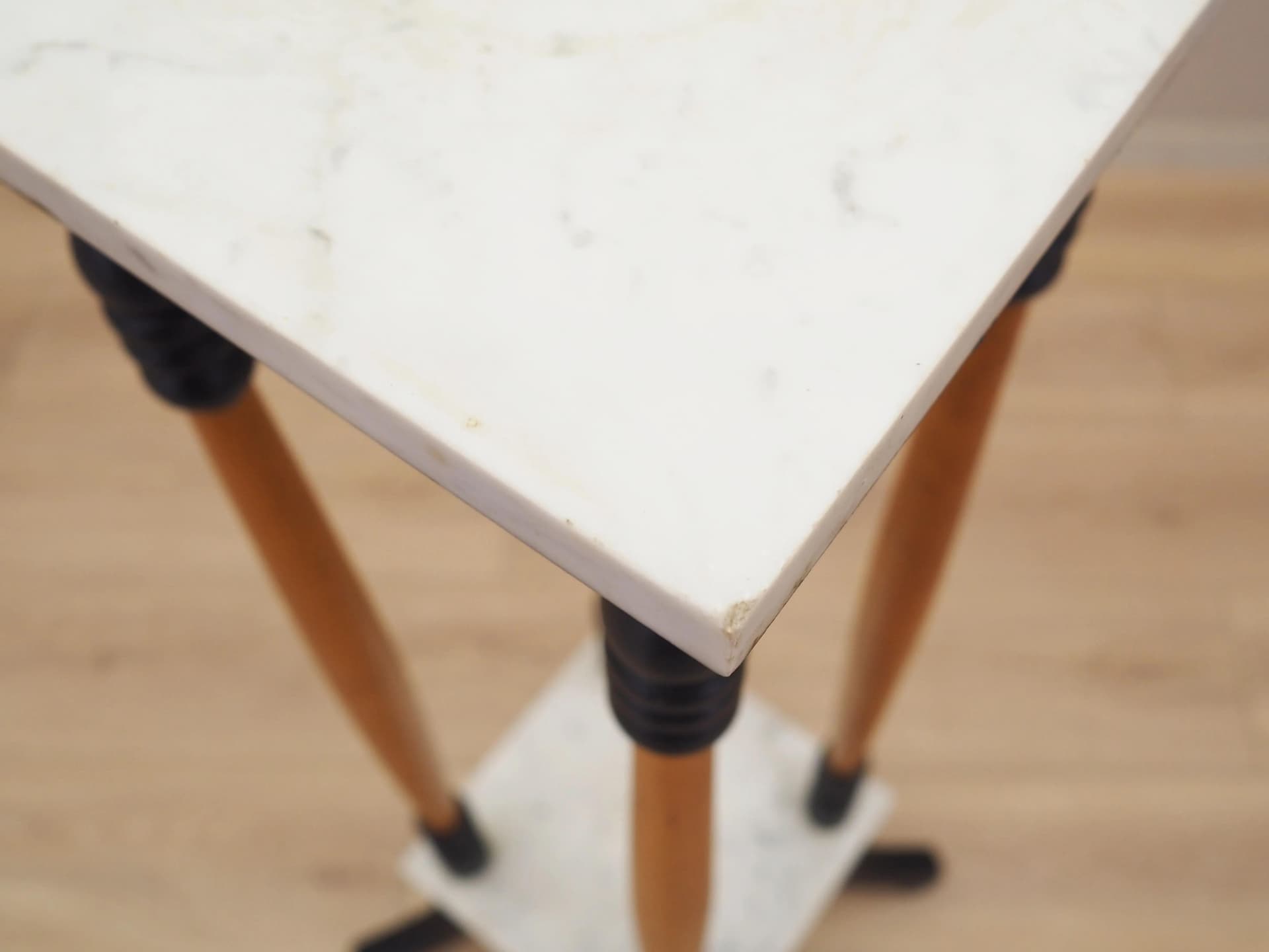 Plant stand, yellow beech, white marble, Denmark, 1970s. - 31759
