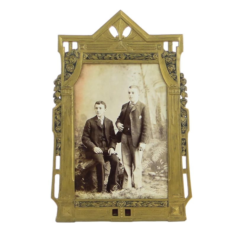 Photo frame Art Nouveau, golden, gilt pewter steel, Poland, early 20th c.