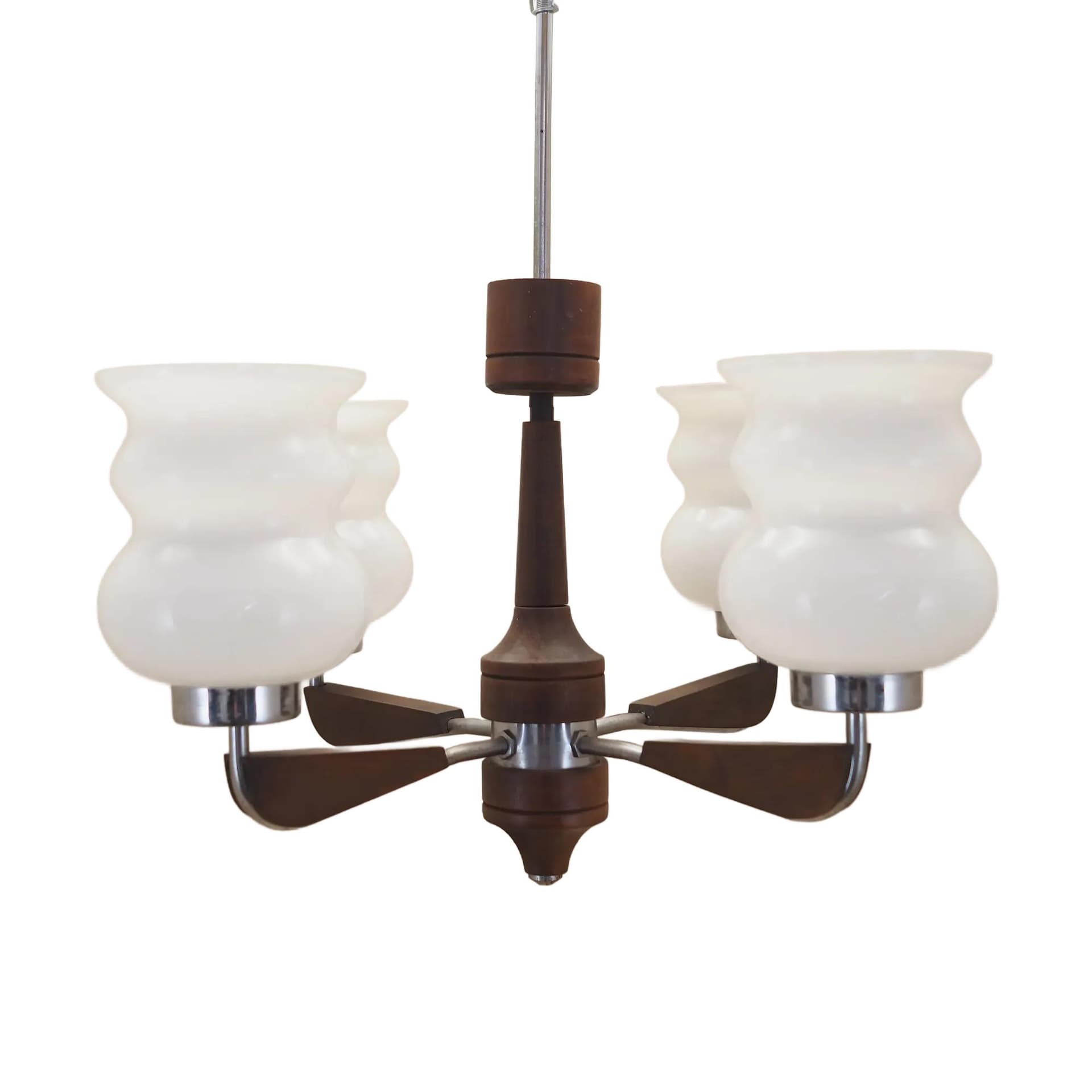 Chandelier, mid-century modern, walnut brown wood, white glass, Denmark, 1970s.
