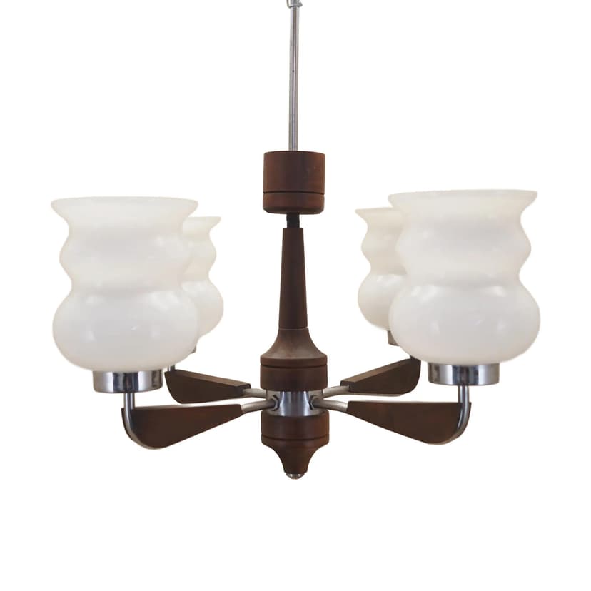 Chandelier, mid-century modern, walnut brown wood, white glass, Denmark, 1970s.