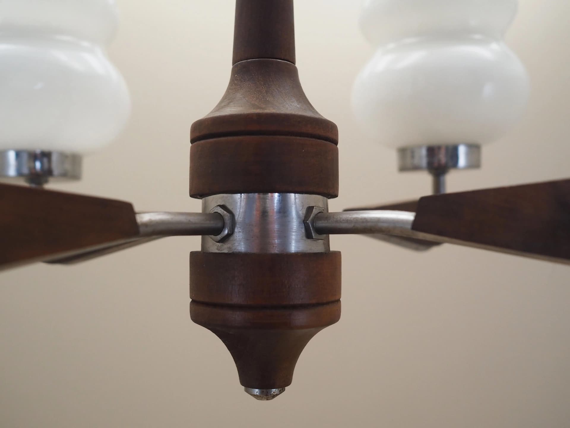 Chandelier, mid-century modern, walnut brown wood, white glass, Denmark, 1970s. - 32016