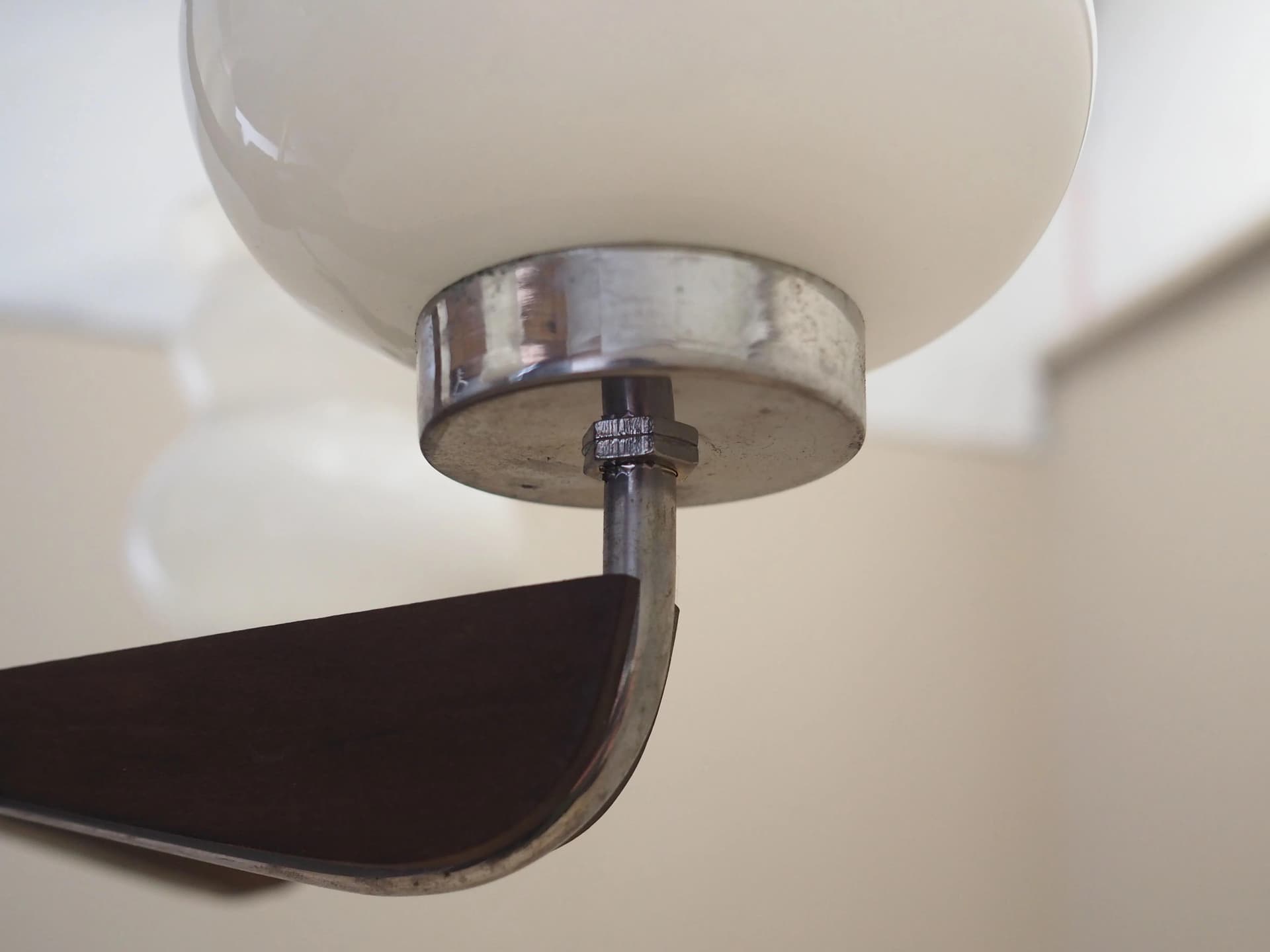 Chandelier, mid-century modern, walnut brown wood, white glass, Denmark, 1970s. - 32014