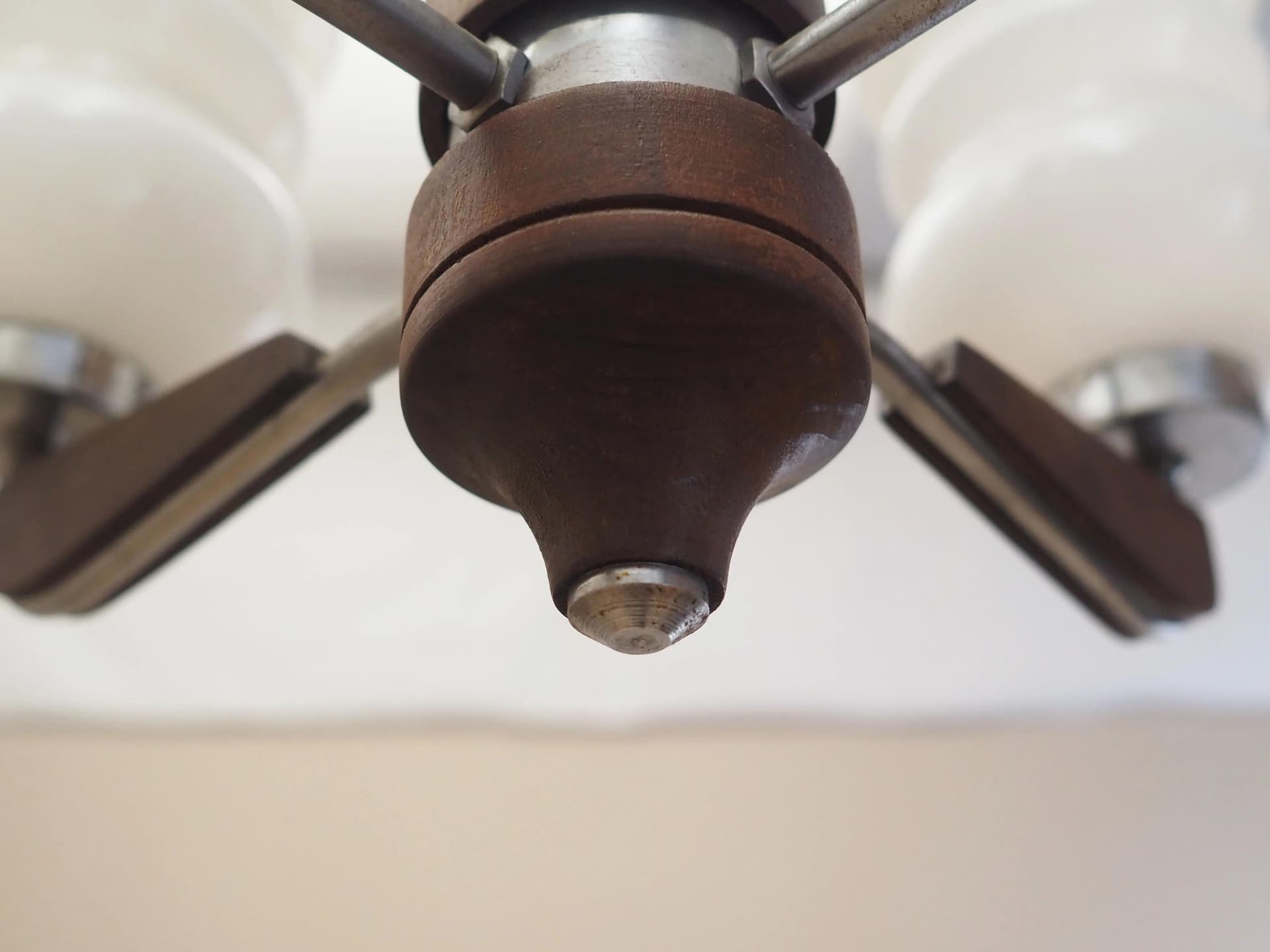 Chandelier, mid-century modern, walnut brown wood, white glass, Denmark, 1970s. - 32012