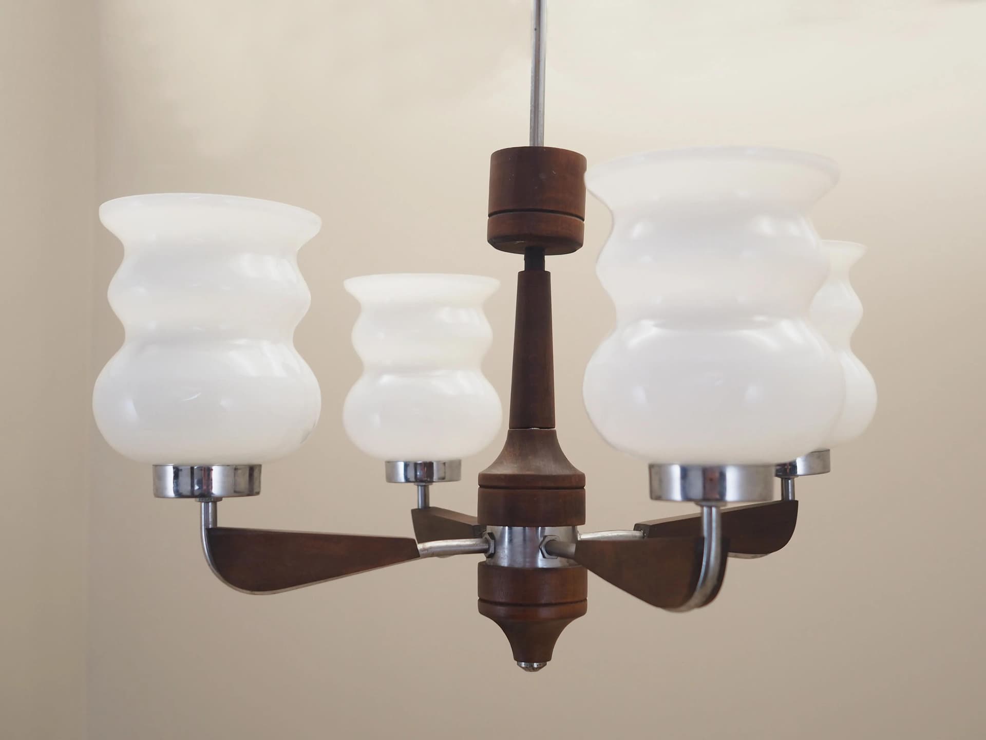 Chandelier, mid-century modern, walnut brown wood, white glass, Denmark, 1970s. - 32011