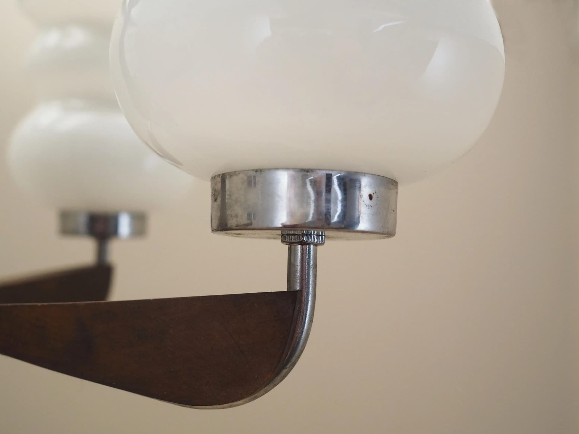 Chandelier, mid-century modern, walnut brown wood, white glass, Denmark, 1970s. - 32015