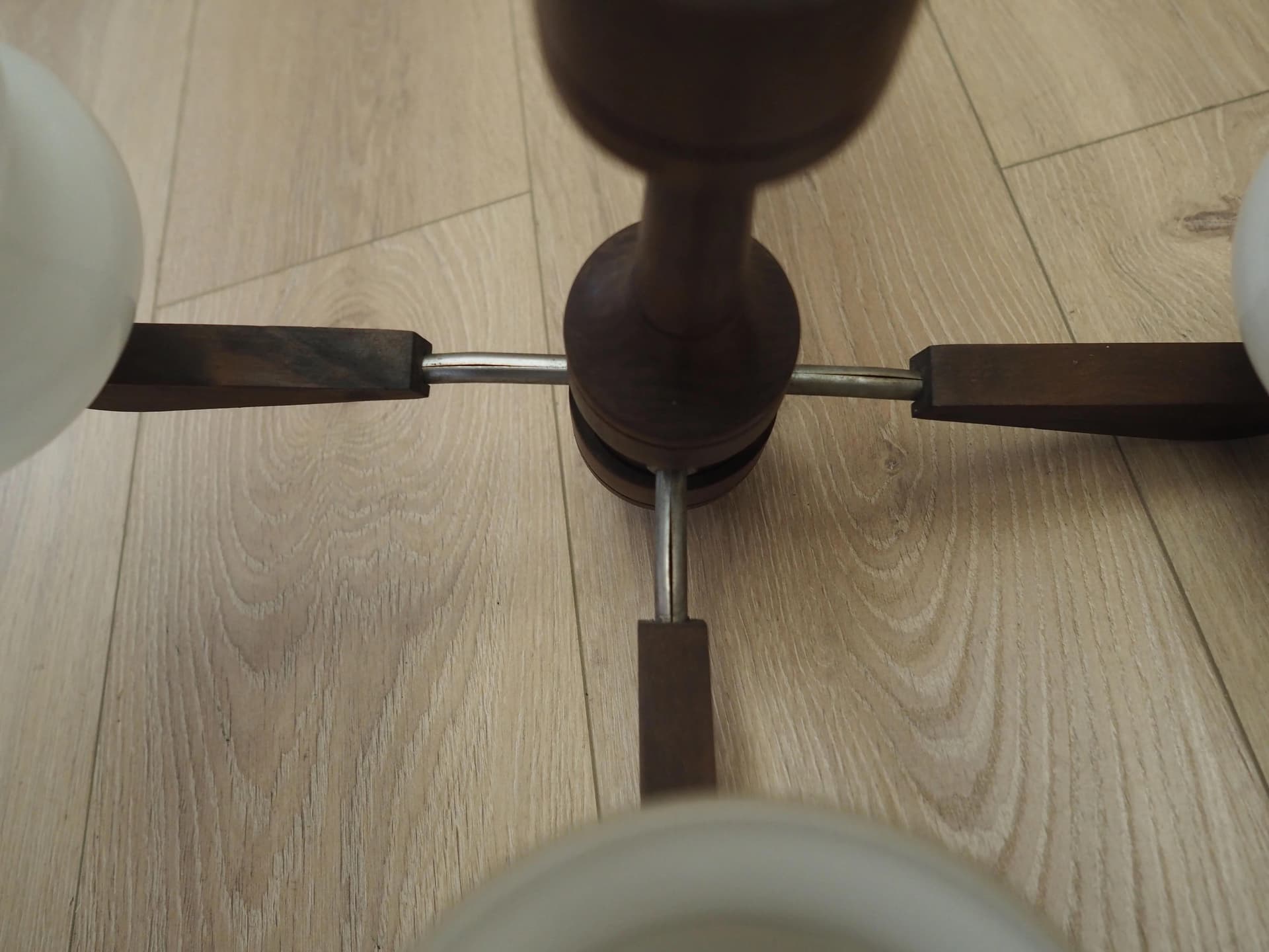 Chandelier, mid-century modern, walnut brown wood, white glass, Denmark, 1970s. - 32019