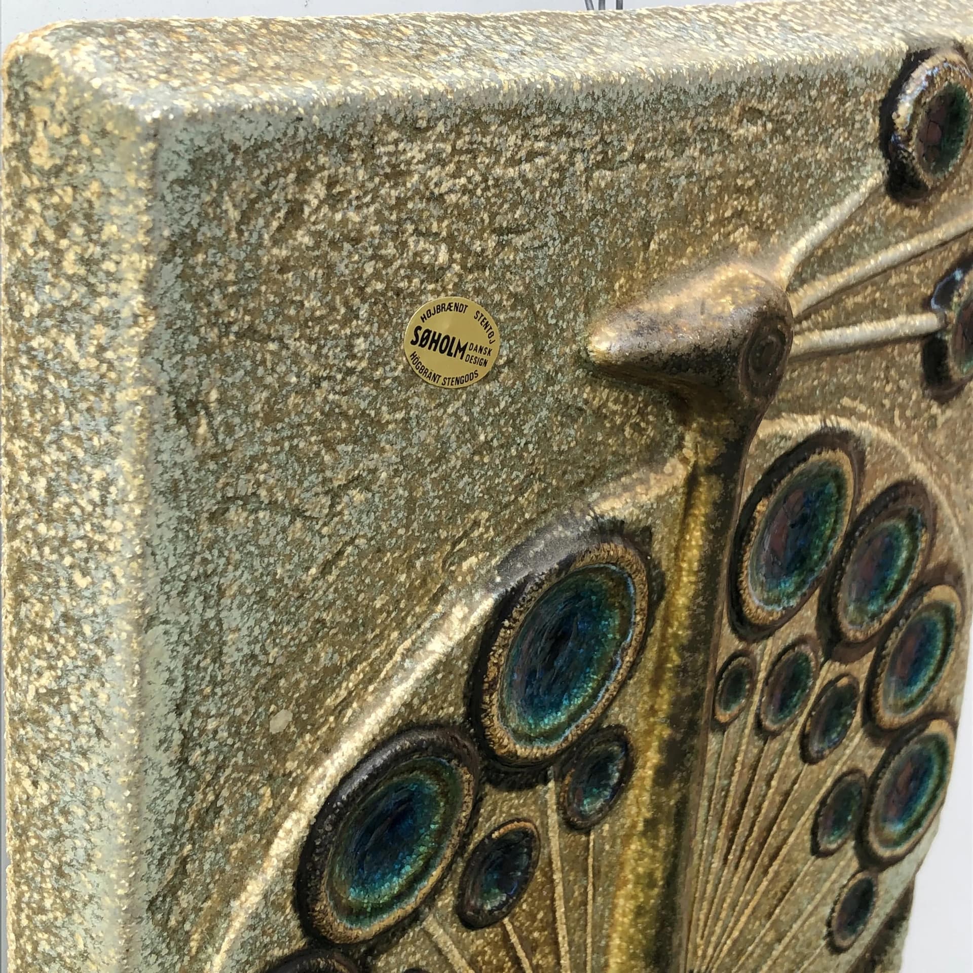 Plakieta ścienna, kamionka beżowy oliwkowy brązowy niebieski turkusowy, proj. J. Simon, Soholm, Dania, lata 60. - 32050