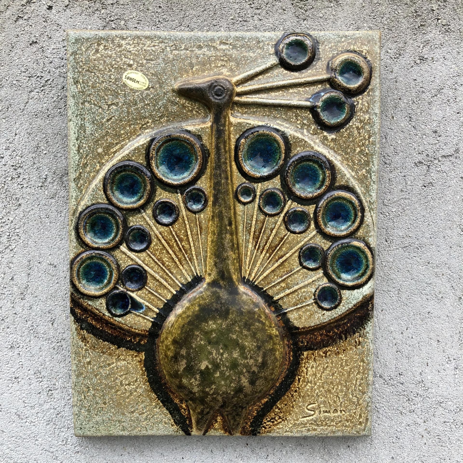 Plakieta ścienna, kamionka beżowy oliwkowy brązowy niebieski turkusowy, proj. J. Simon, Soholm, Dania, lata 60. - 32049