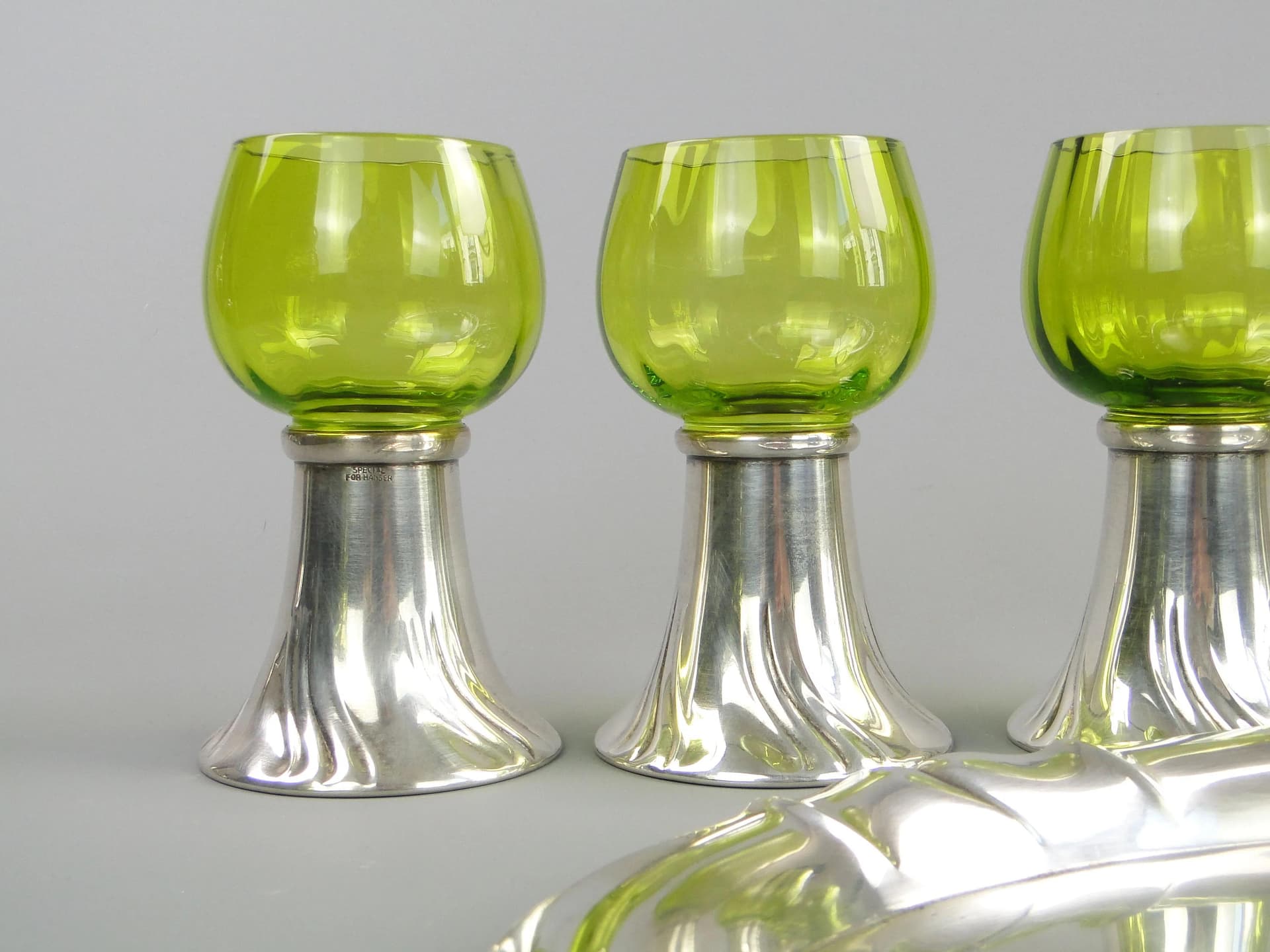 Komplet do wina Art Deco, szkło turkusowe, mosiądz srebrzony, Frantisek Bibus i syn, Czechosłowacja, lata 20. - 32099