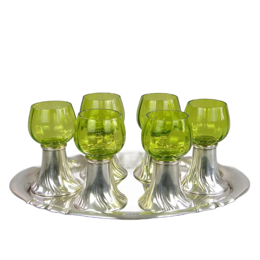 Wine set Art Deco, turquoise glass, silver-plated brass, Frantisek Bibus & Son, Czechoslovakia, 1920s