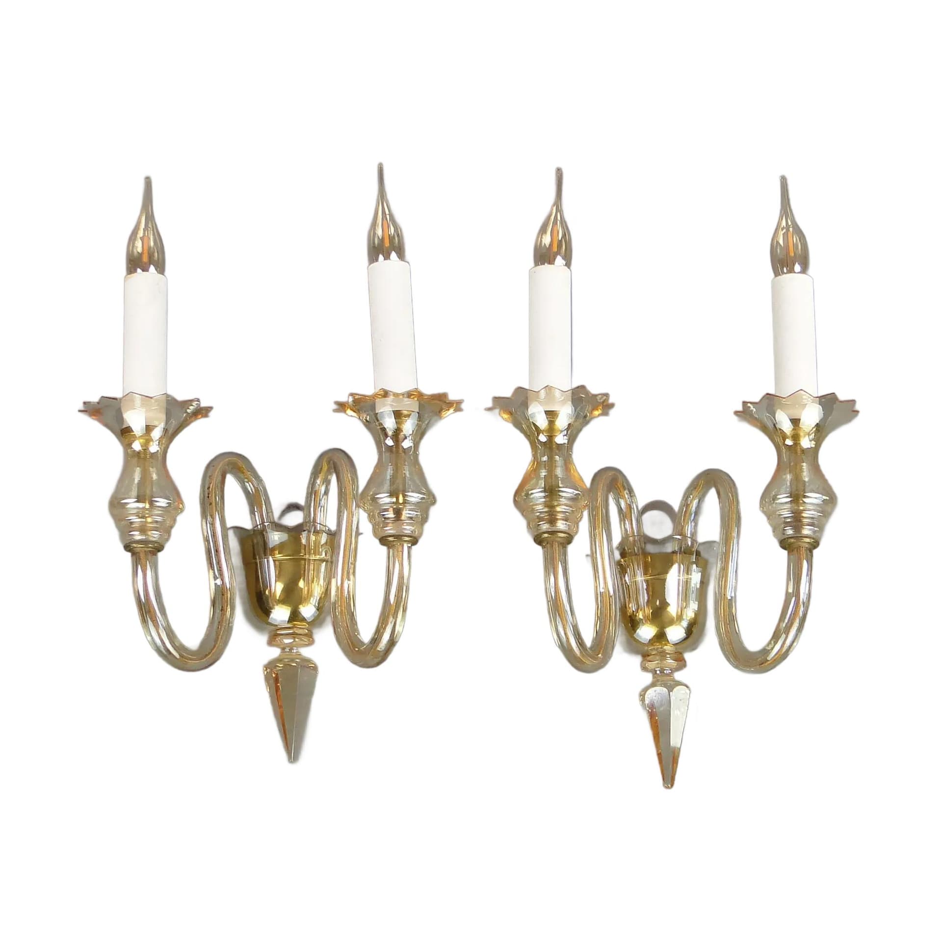 Pair of wall sconces, transparent crystal glass, Czechoslovakia, 1940s.