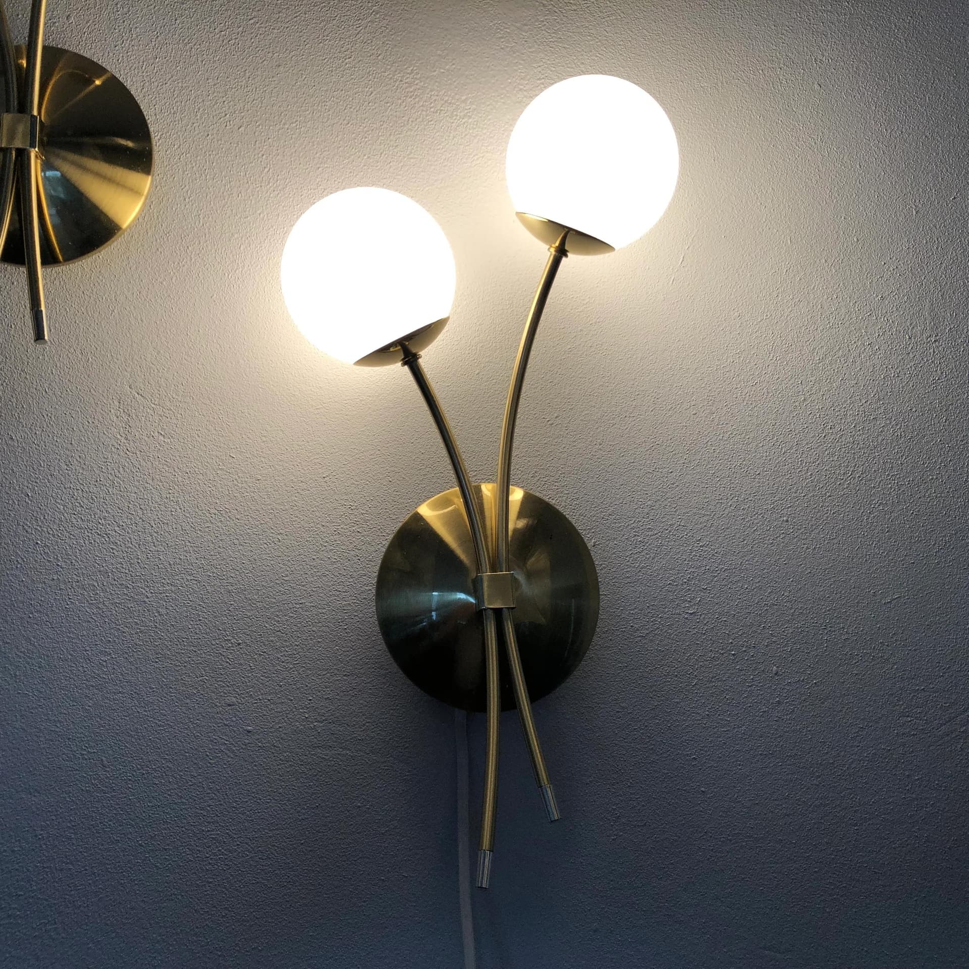 Pair of wall sconces, golden metal, opal glass, Germany, 1990s. - 32028