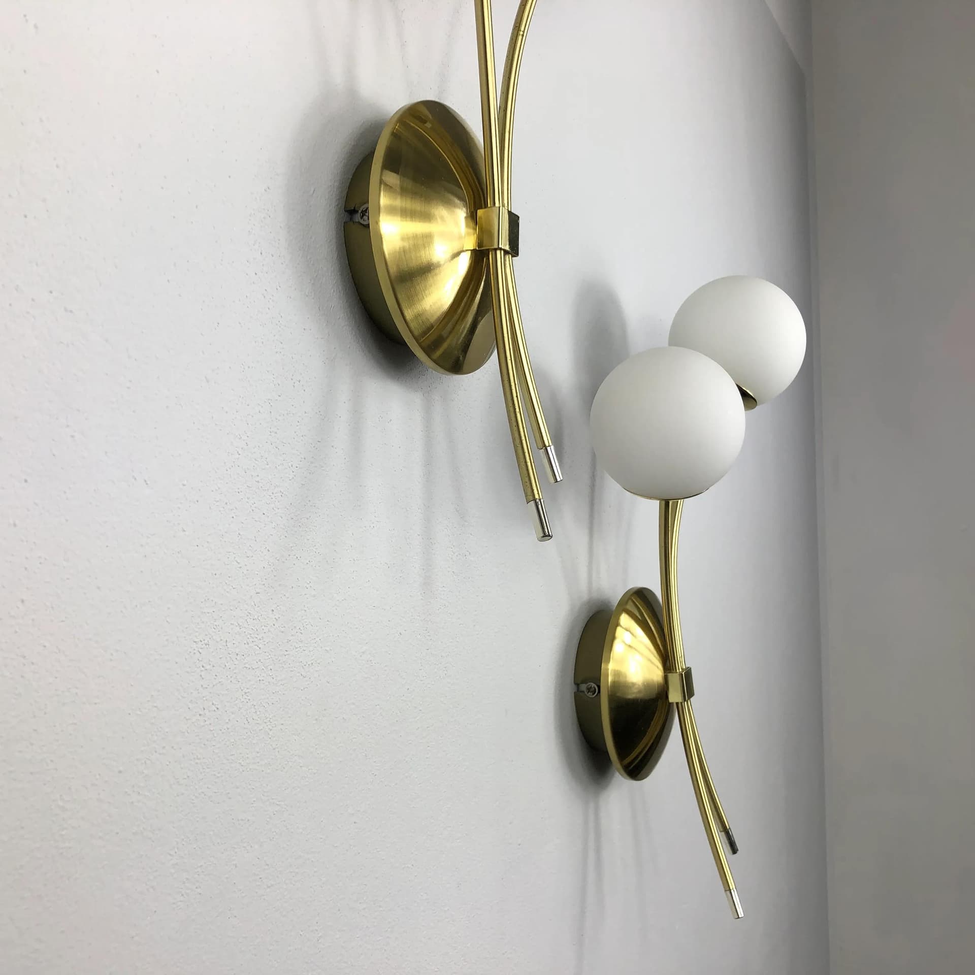 Pair of wall sconces, golden metal, opal glass, Germany, 1990s. - 32030