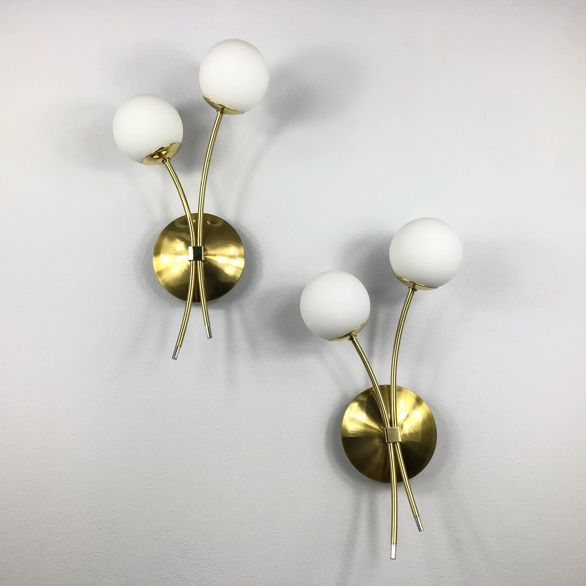 Pair of wall sconces, golden metal, opal glass, Germany, 1990s. - 32035