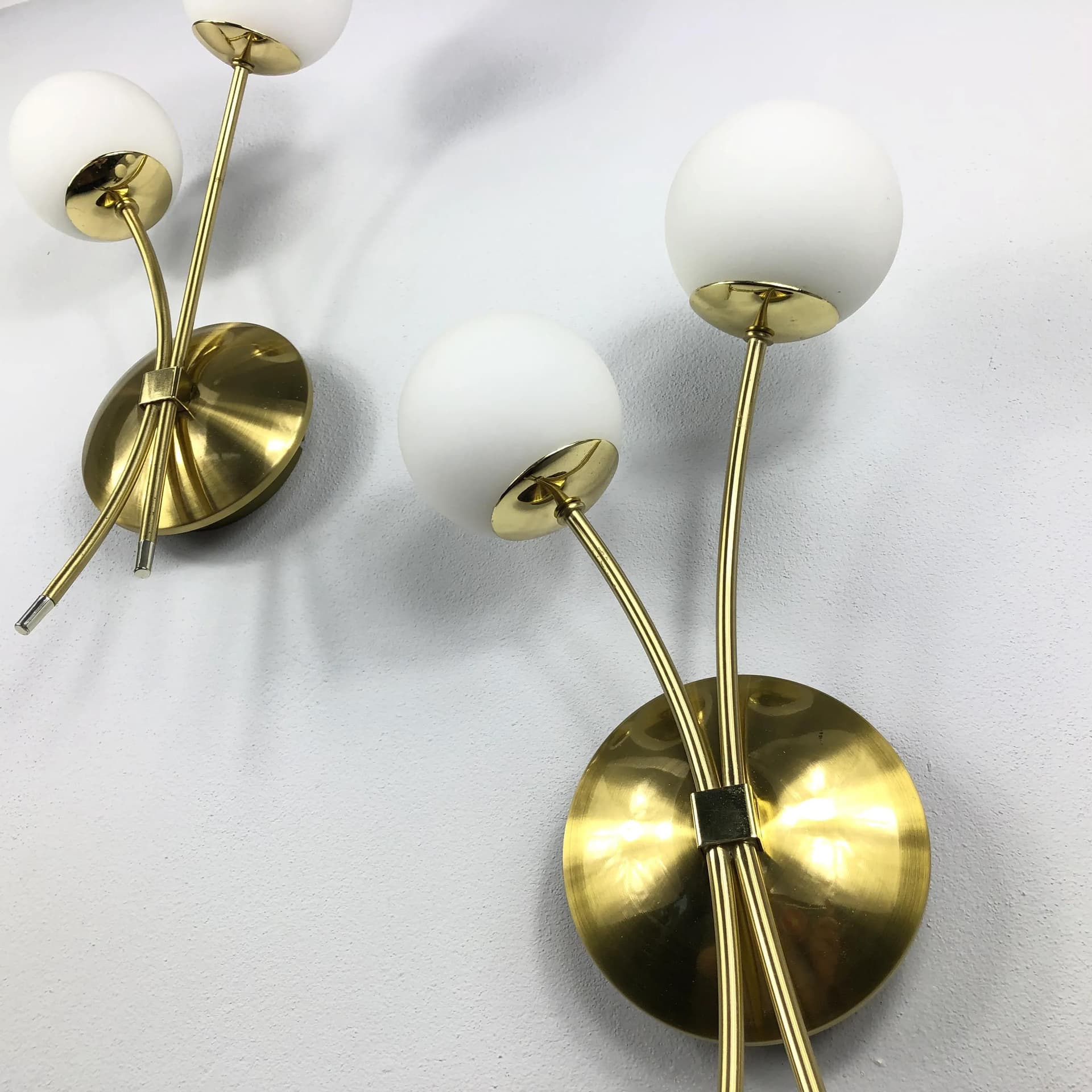 Pair of wall sconces, golden metal, opal glass, Germany, 1990s. - 32034