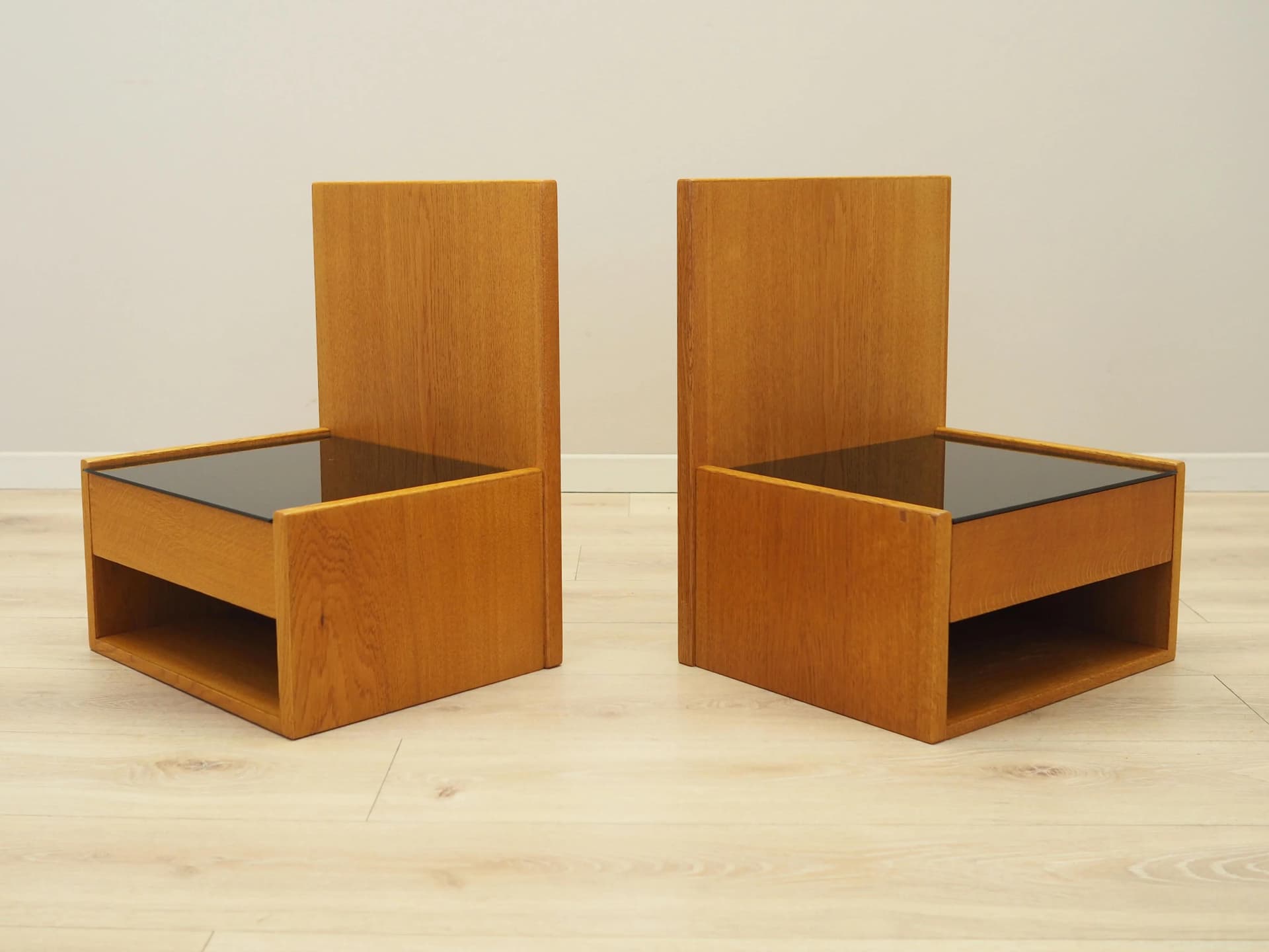 Set of Wall-Mounted Nightstands, yellow ash, black glass, by H. J. Wegner, for Getama, Denmark, 1960s. - 32215