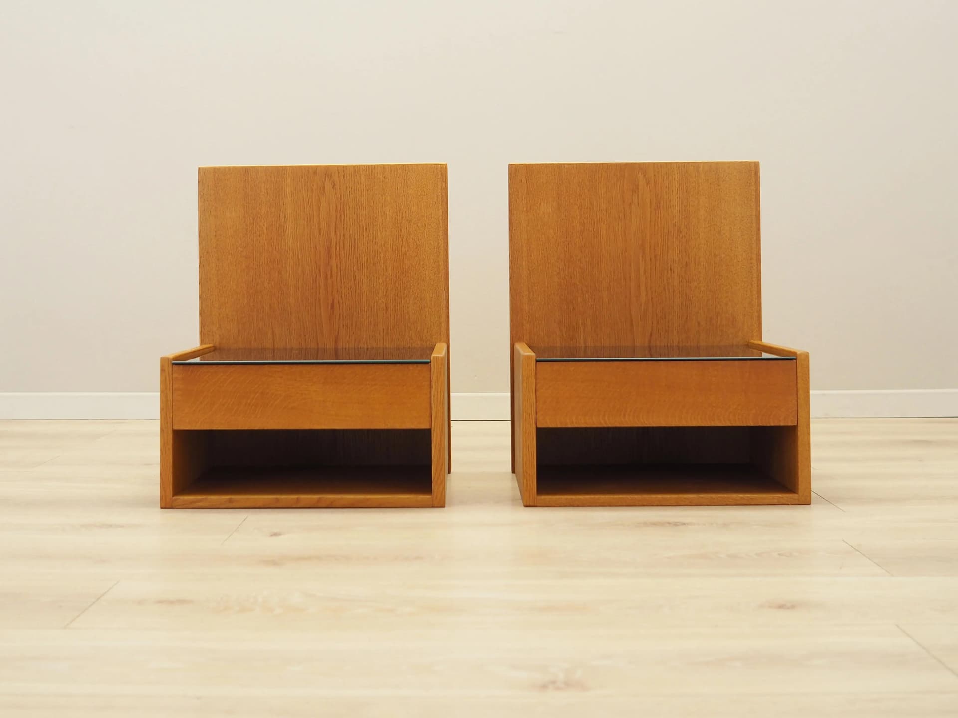Set of Wall-Mounted Nightstands, yellow ash, black glass, by H. J. Wegner, for Getama, Denmark, 1960s. - 32211