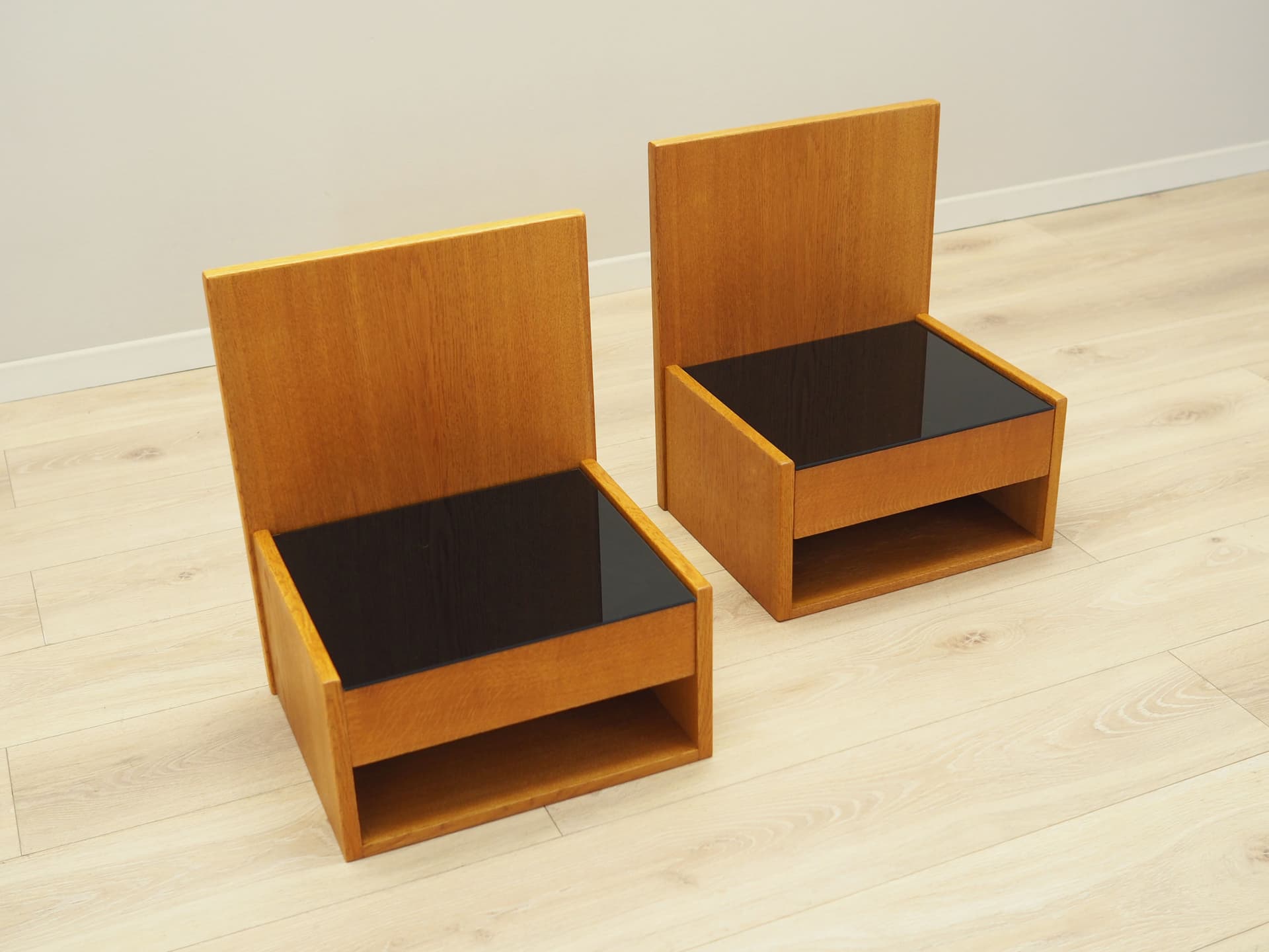 Set of Wall-Mounted Nightstands, yellow ash, black glass, by H. J. Wegner, for Getama, Denmark, 1960s. - 64181