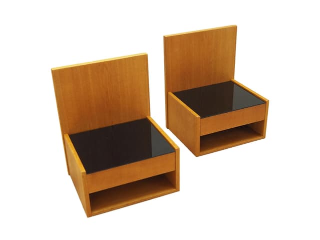 Set of Wall-Mounted Nightstands, yellow ash, black glass, by H. J. Wegner, for Getama, Denmark, 1960s. - DIMENSION