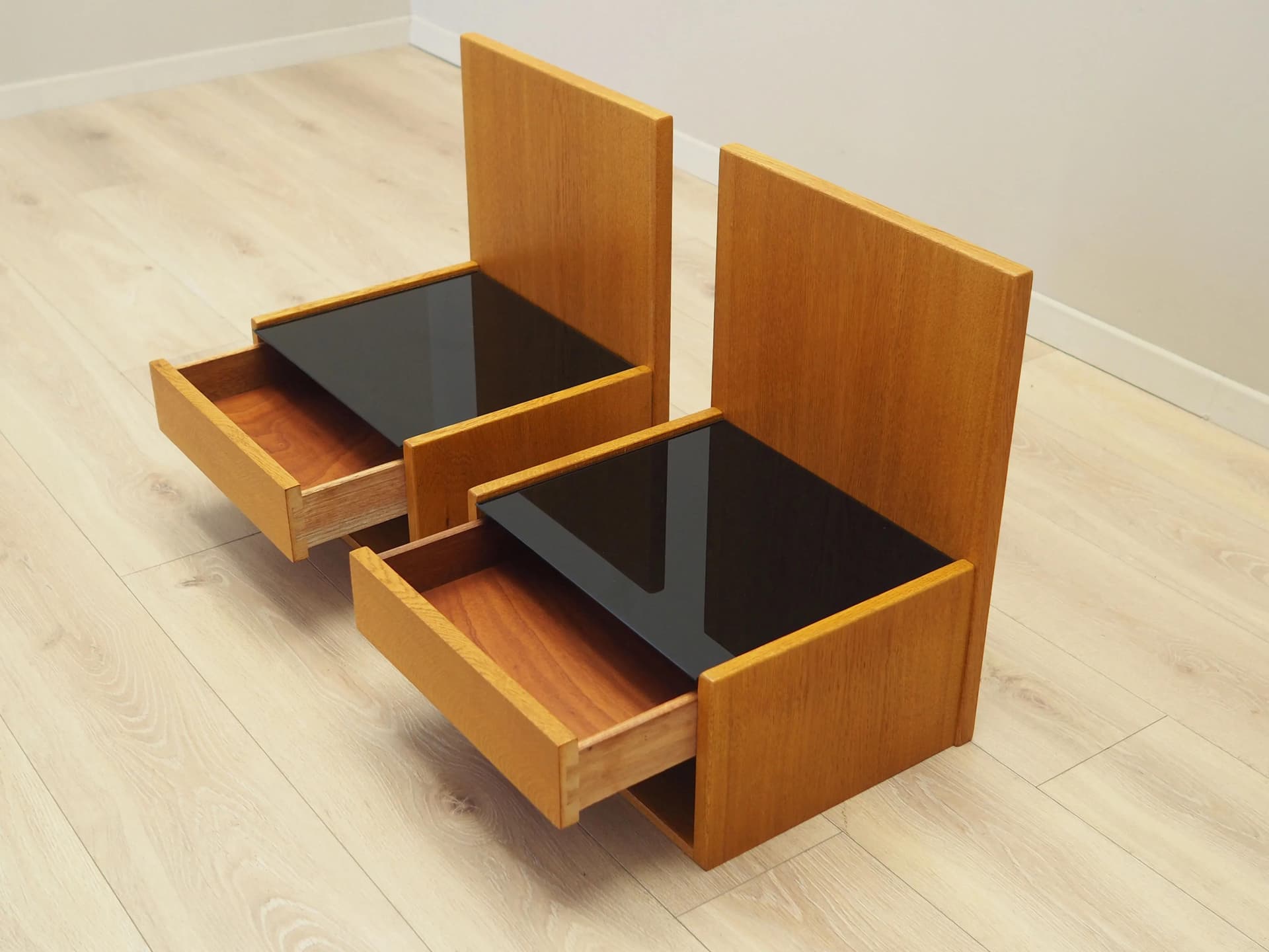 Set of Wall-Mounted Nightstands, yellow ash, black glass, by H. J. Wegner, for Getama, Denmark, 1960s. - 32214