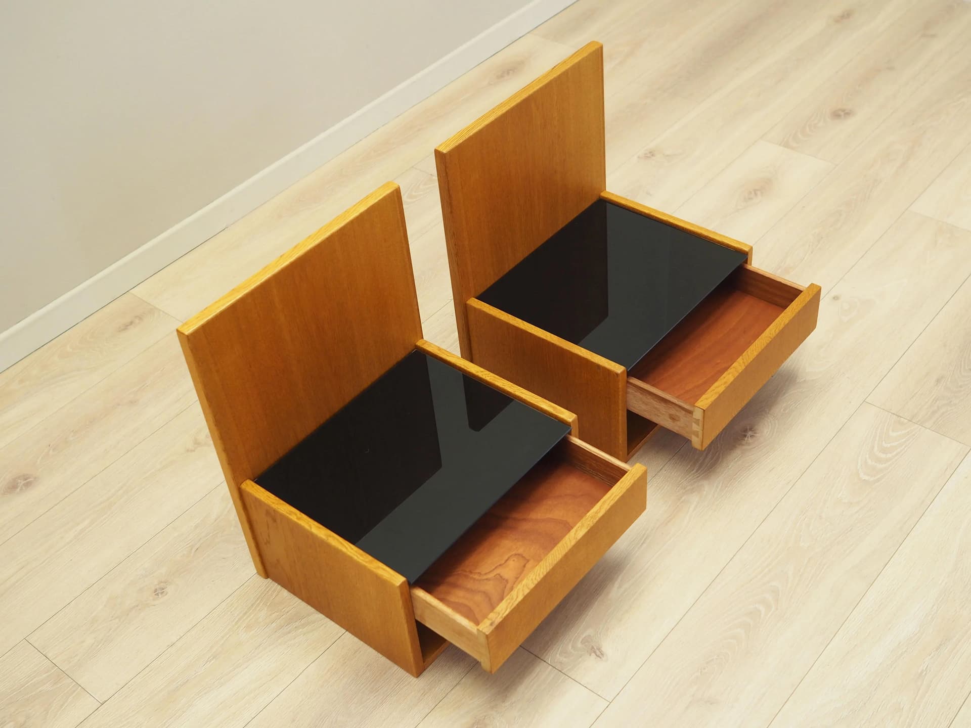 Set of Wall-Mounted Nightstands, yellow ash, black glass, by H. J. Wegner, for Getama, Denmark, 1960s. - 32213