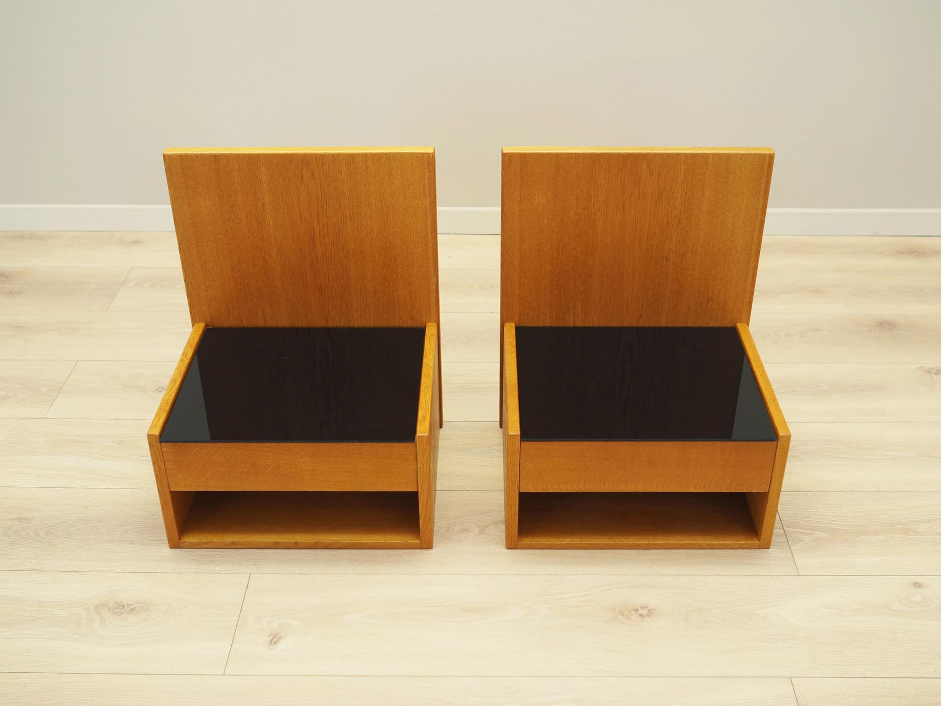 Set of Wall-Mounted Nightstands, yellow ash, black glass, by H. J. Wegner, for Getama, Denmark, 1960s. - 32212