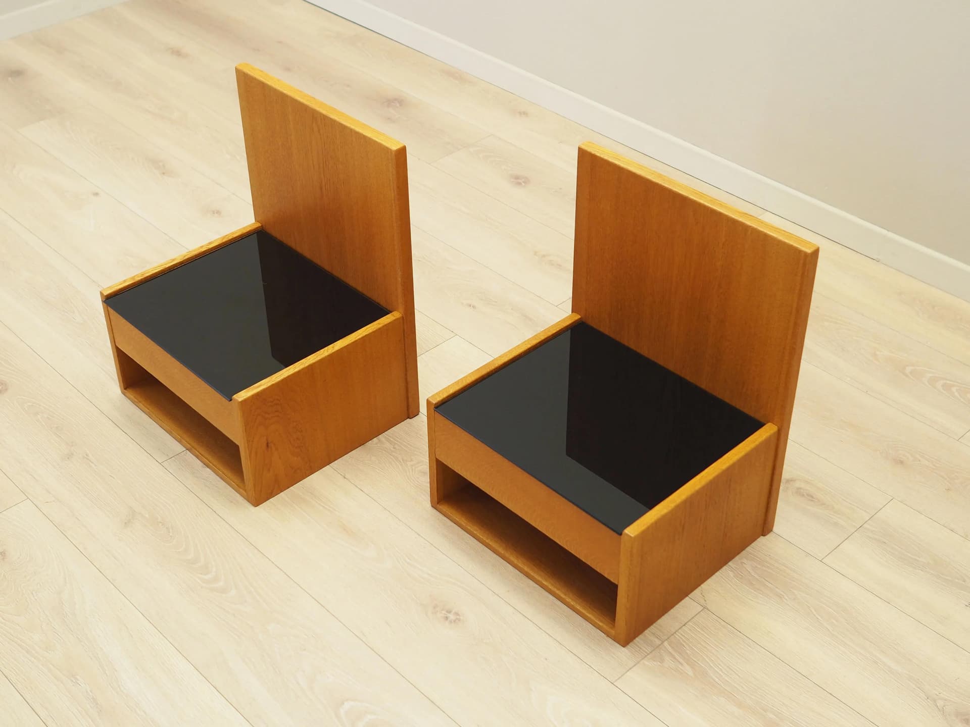 Set of Wall-Mounted Nightstands, yellow ash, black glass, by H. J. Wegner, for Getama, Denmark, 1960s. - 32210