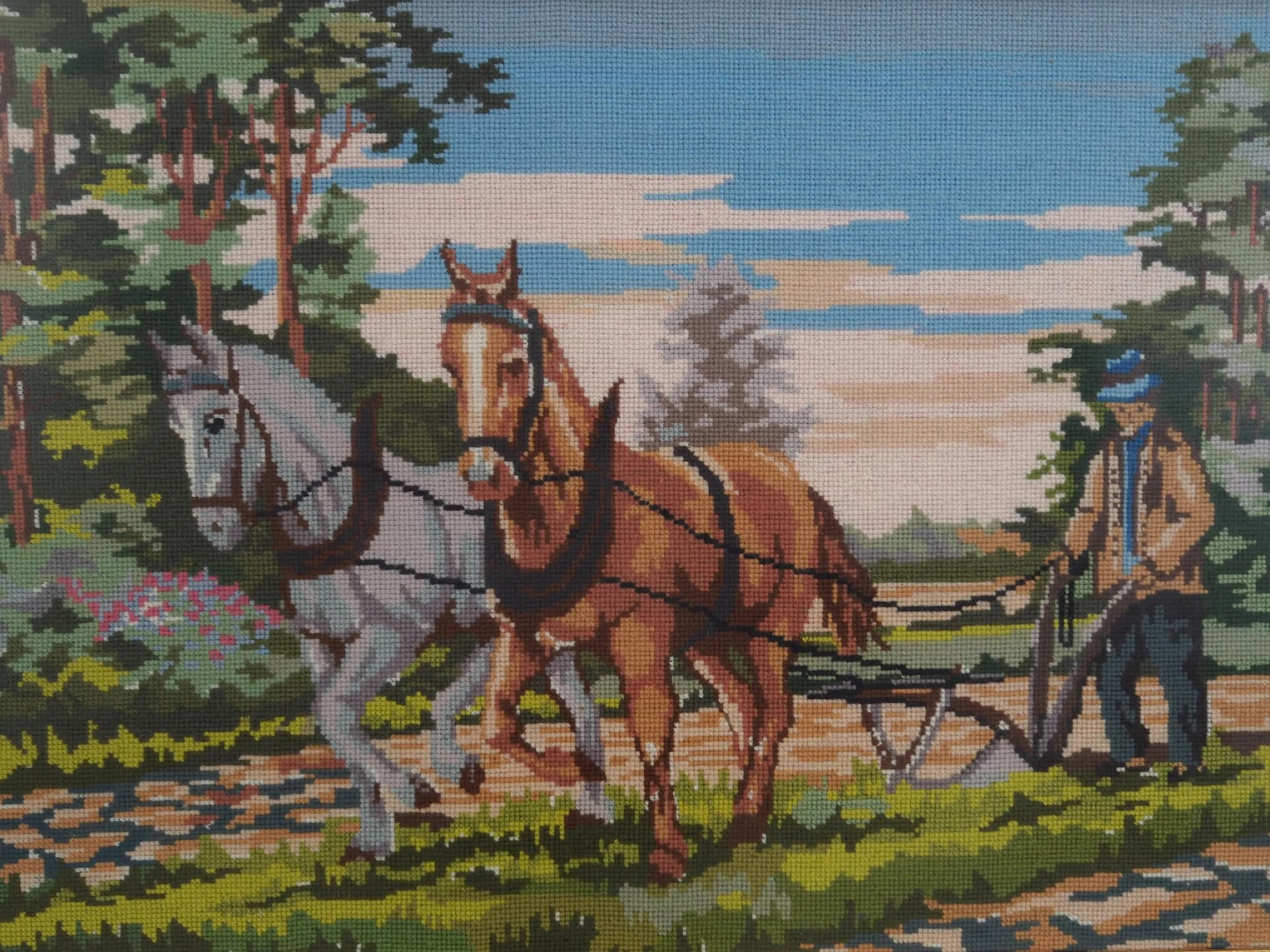 Obraz folkowy, multikolor, drewno, Skandynawia, lata 70. - 32389