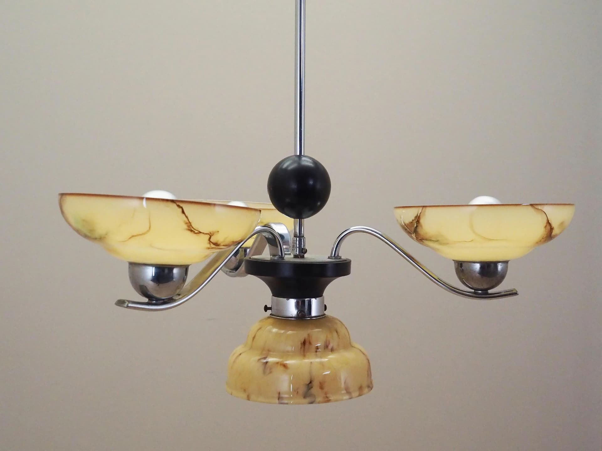 Chandelier, mid-century modern, beige, glass, metal, Denmark, 1970s. - 32589