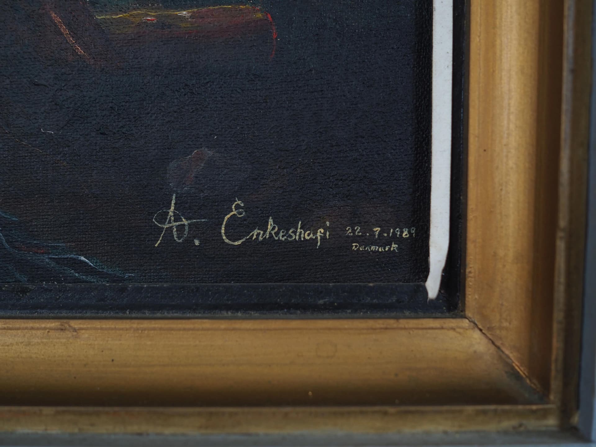 Obraz Powrót wędkarza, żółty, olej na płótnie, rama drewno, aut. A. Enkeshafi, Dania, lata 80. - 32579