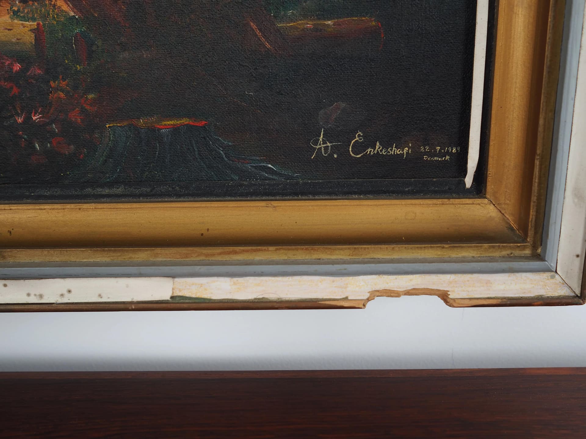 Obraz Powrót wędkarza, żółty, olej na płótnie, rama drewno, aut. A. Enkeshafi, Dania, lata 80. - 32581